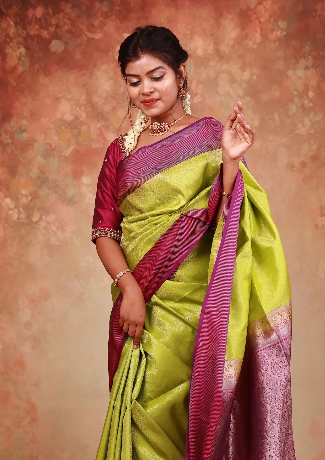 Lime Green With Dark Purple Silver Zari Border Yuvana Semi Soft Silk Saree