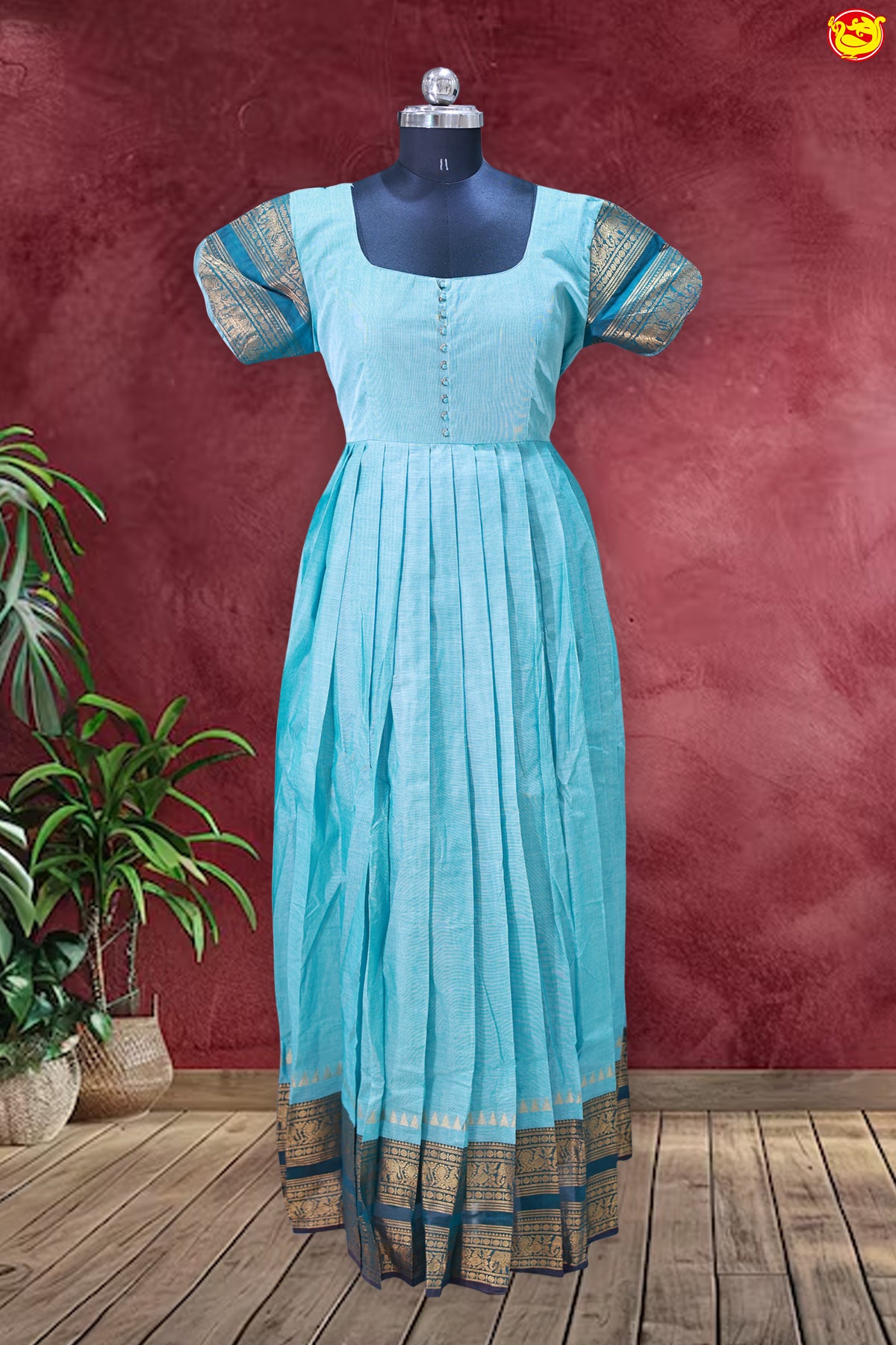 Sky Blue with Traditional Border Ladies Branded Readymade Chettinad Cotton Pleated Gown