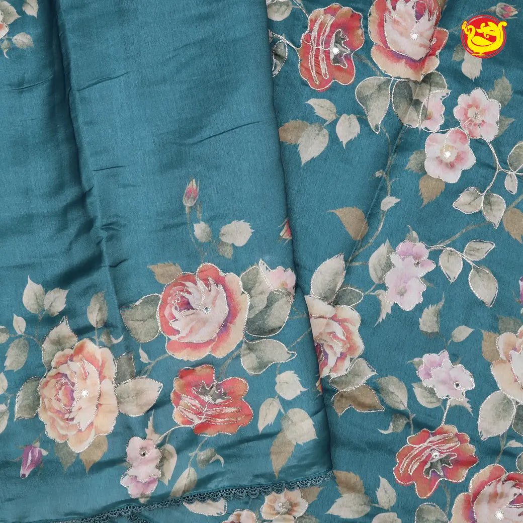 Teal Blue with Floral Print Raw Silk Saree - Thenianantham