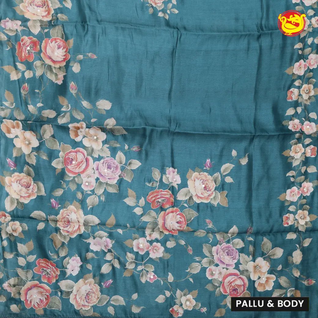 Teal Blue with Floral Print Raw Silk Saree - Thenianantham