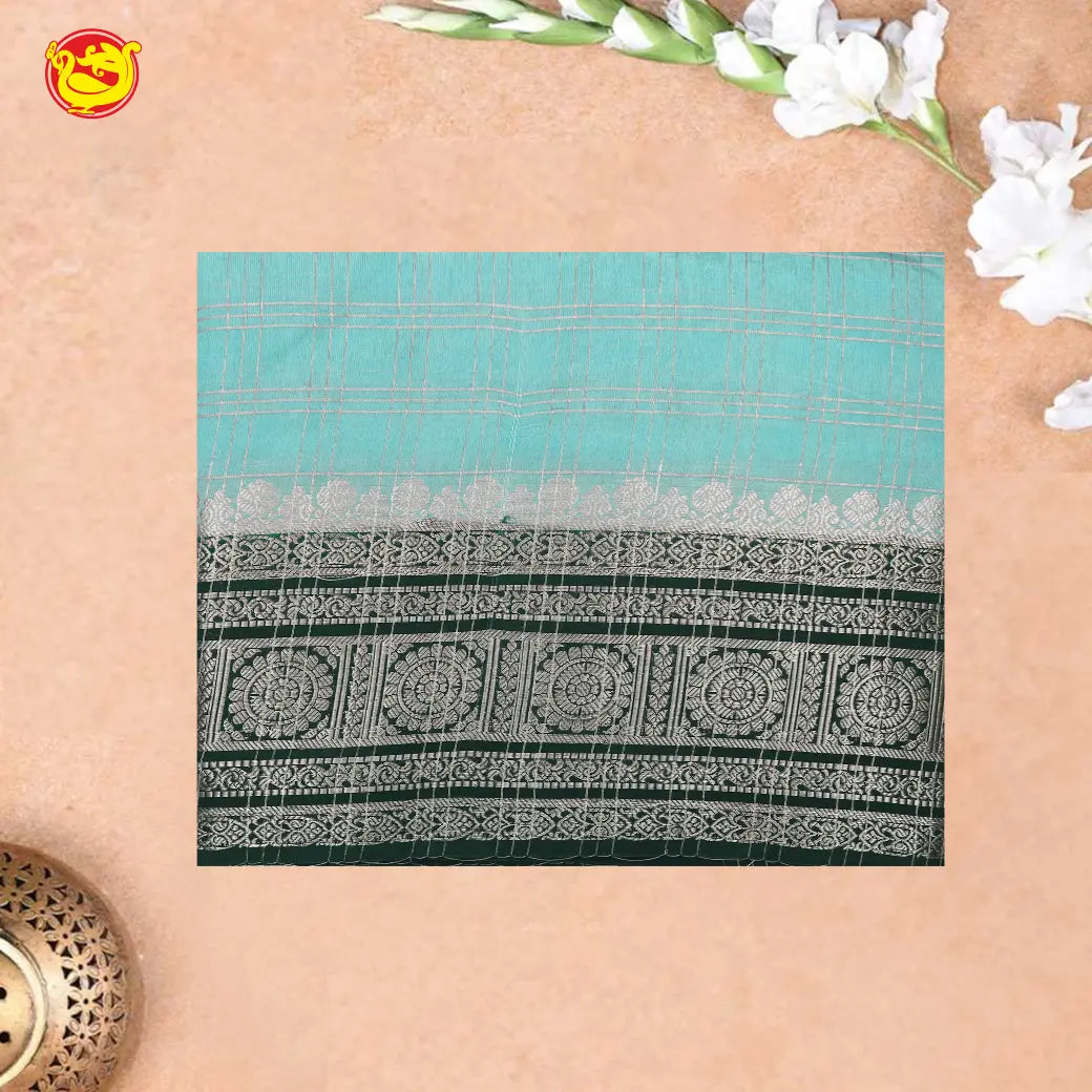 Light Sea green with Dark Green Stripes Design Semi Raw Silk Saree