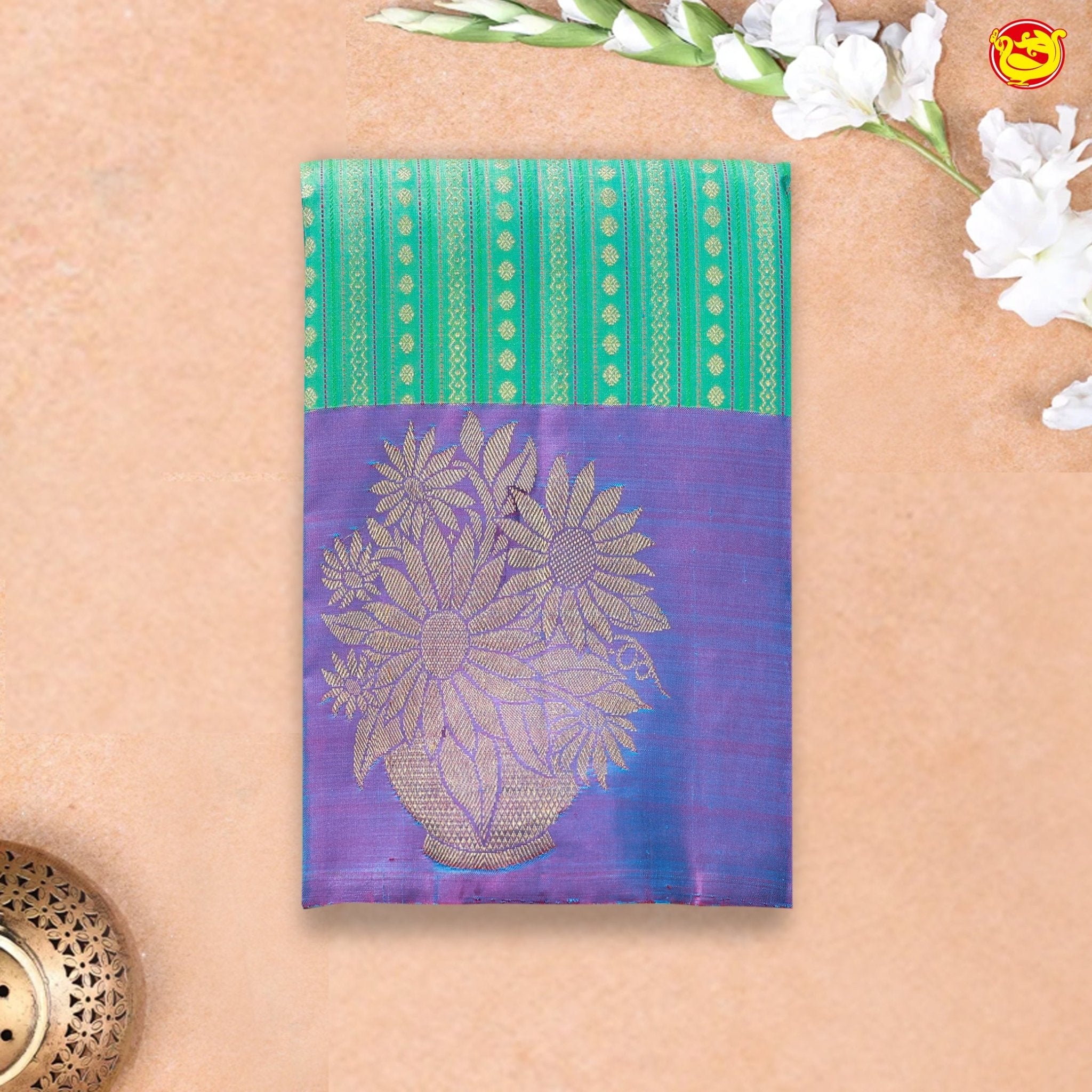 Light Sea Green with Purple Buttas Motifs Soft Silk Saree - Thenianantham