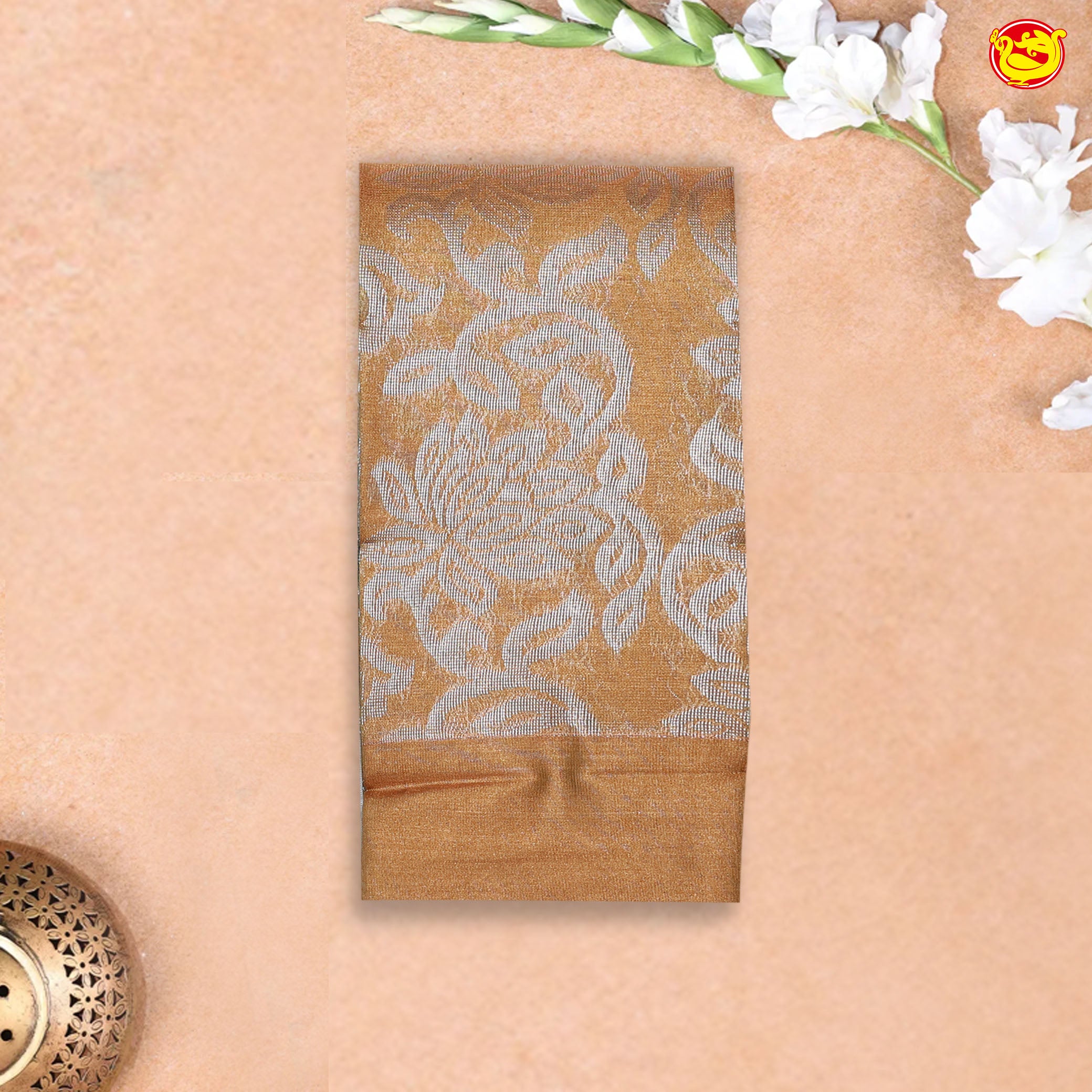 Mustard Yellow with Green Pallu Floral Design in Silver Zari Kotta Tissue Saree
