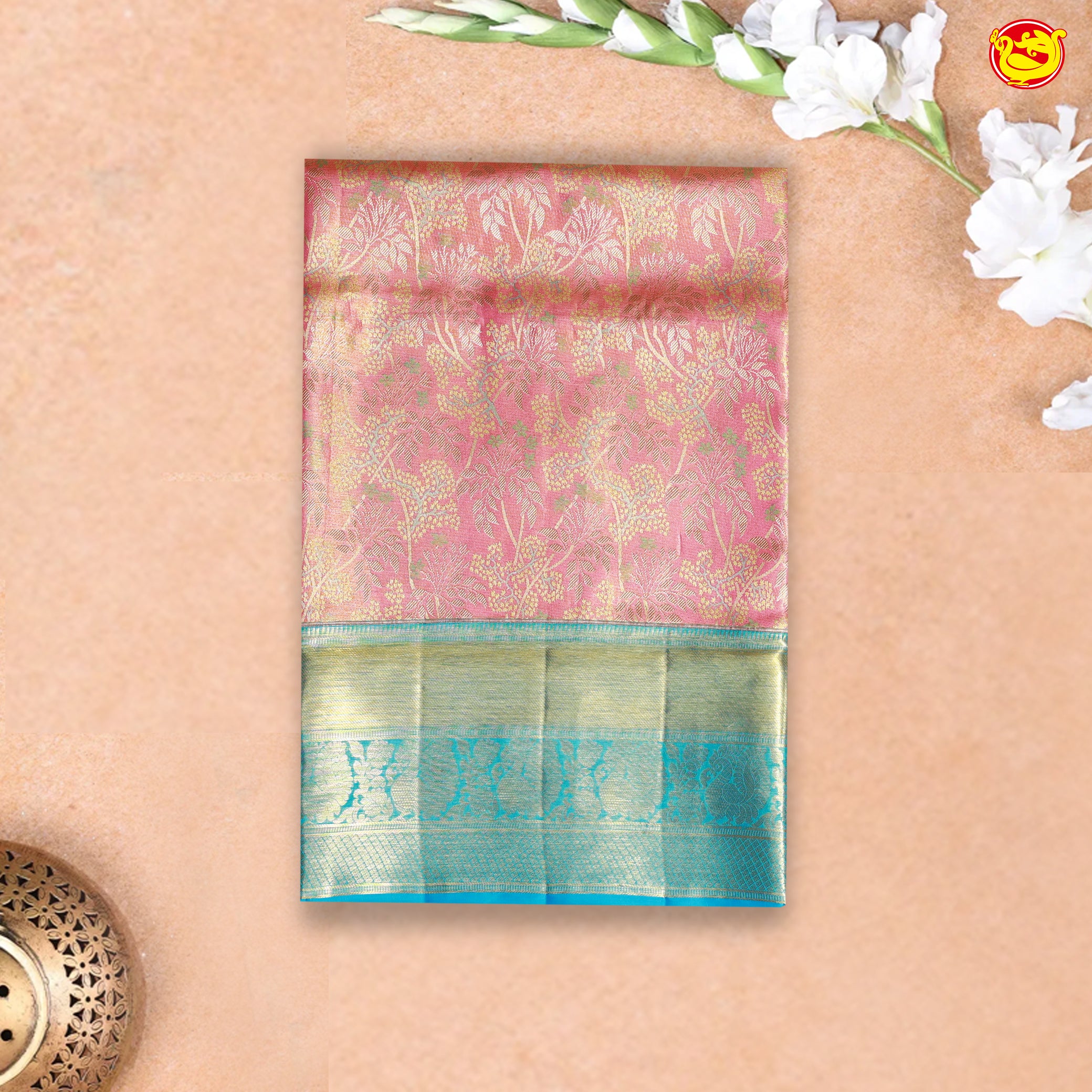 Peach with Blue Pallu Floral Print in Tissue Wedding Silk Saree