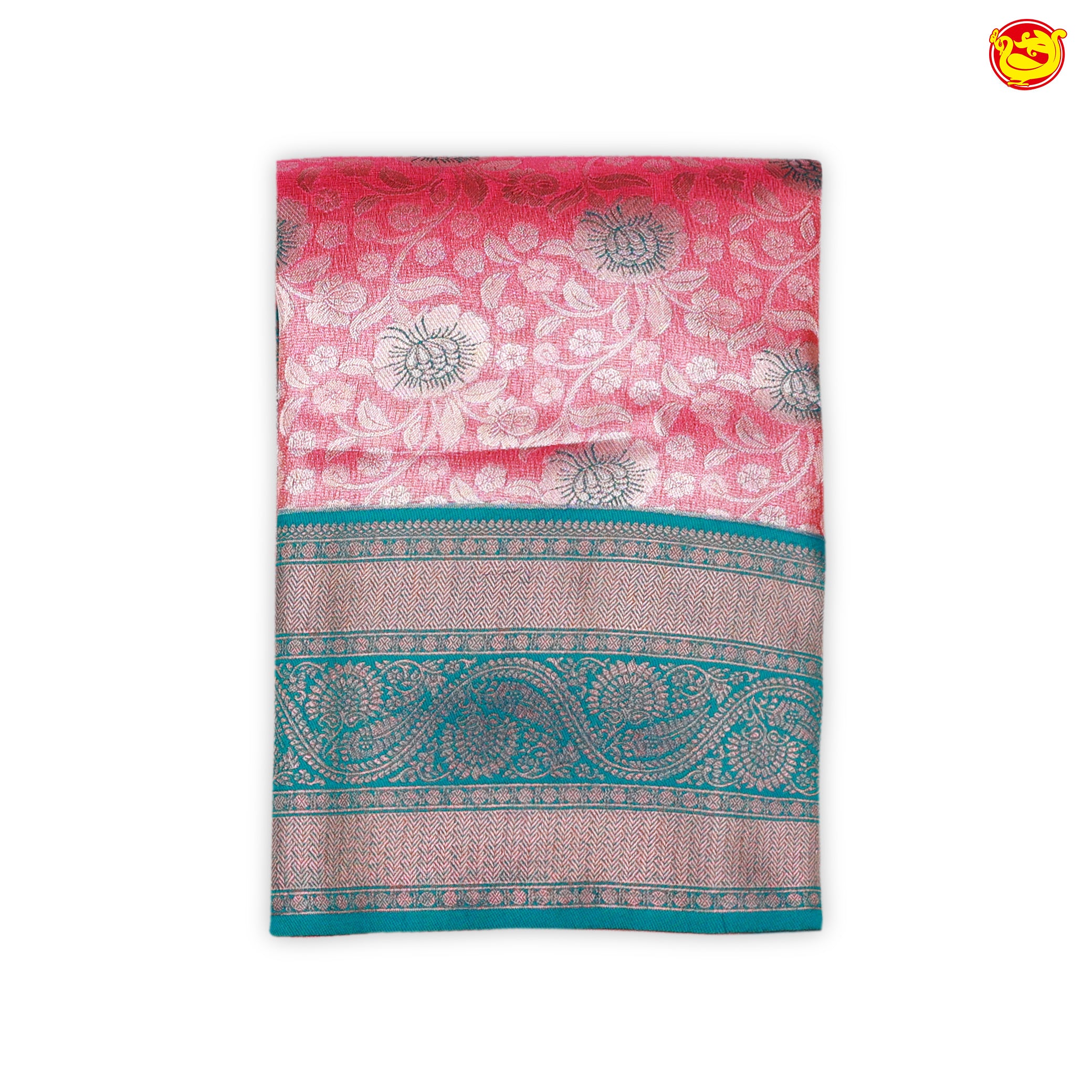 Pink with Teal Green Floral Motifs Soft Tissue Silk Saree