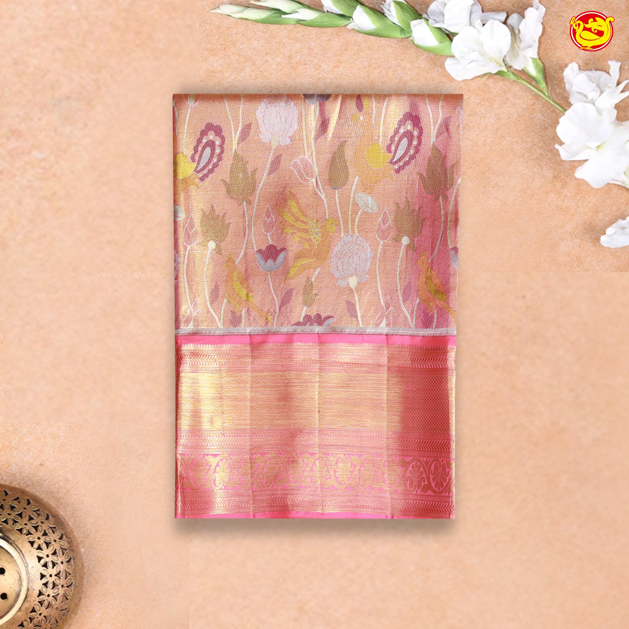 Golded with Pink Border Floral Motifs in Gold Zari Tissue Wedding Silk Saree