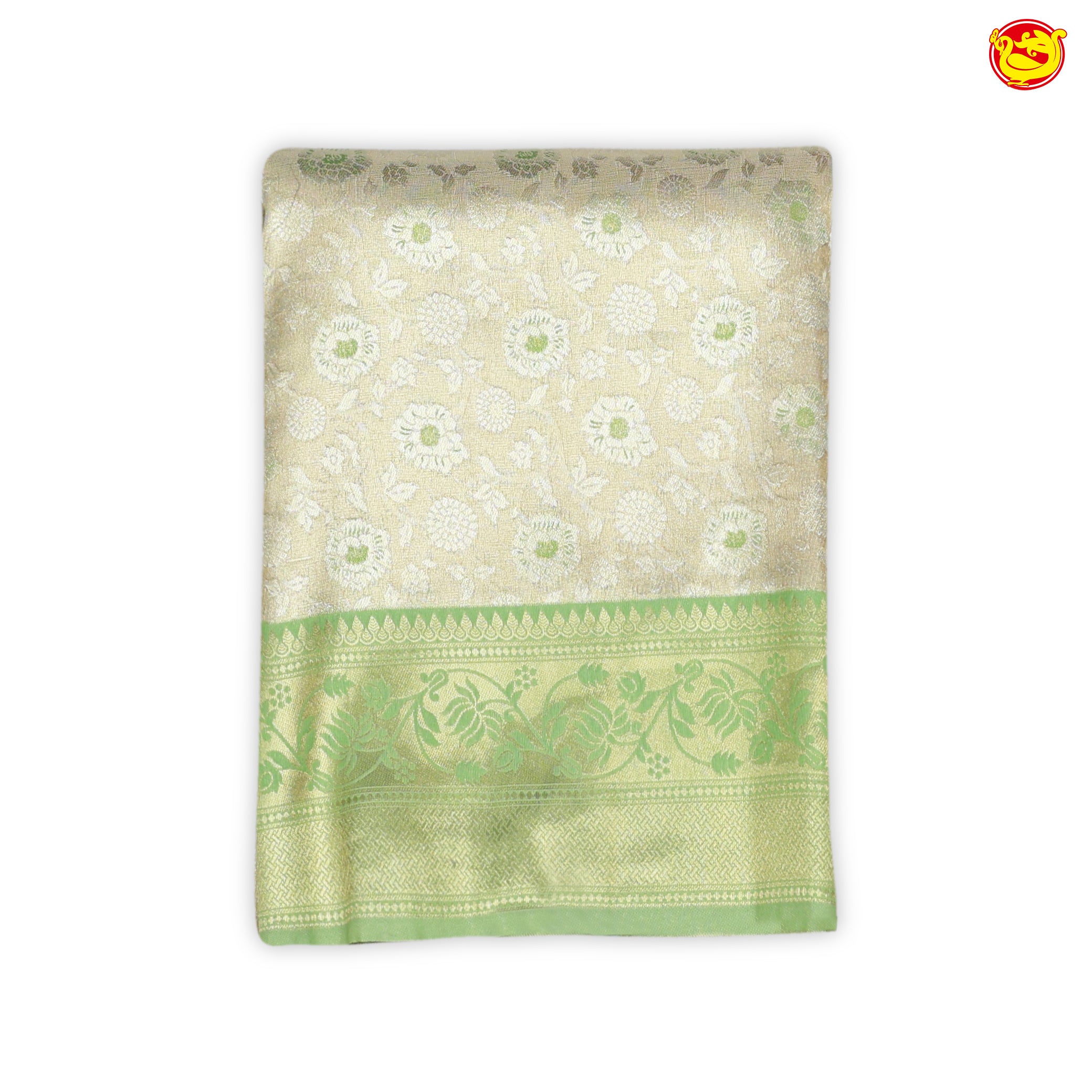 Gold with Light Green Floral Motifs Soft Tissue Silk Saree