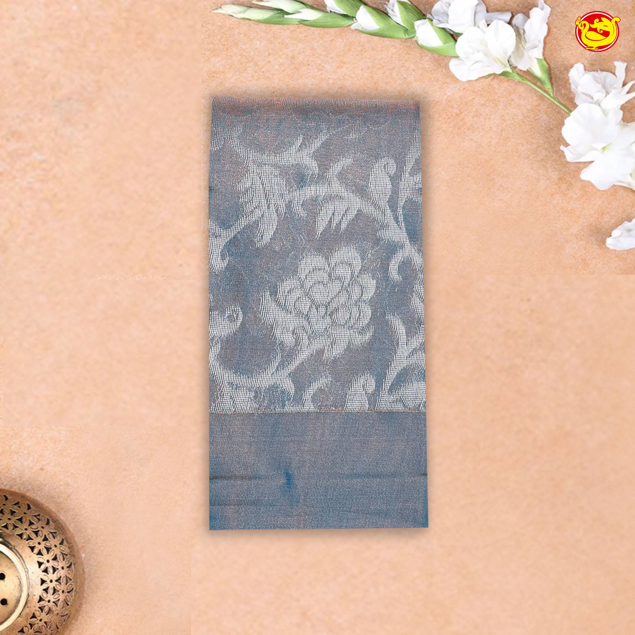 Blue and Grey with Orange Pallu Floral Design in Silver Zari Kotta Tissue Saree