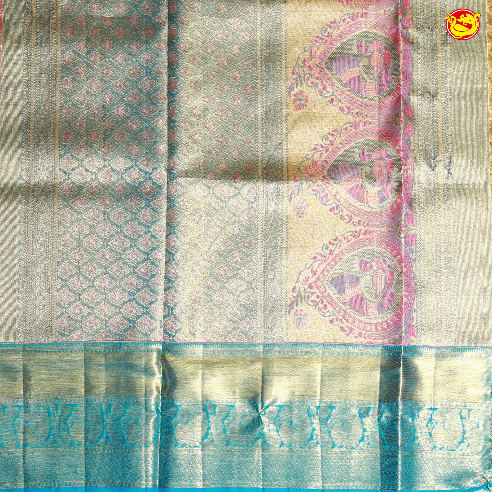 Peach with Blue Pallu Floral Print in Tissue Wedding Silk Saree