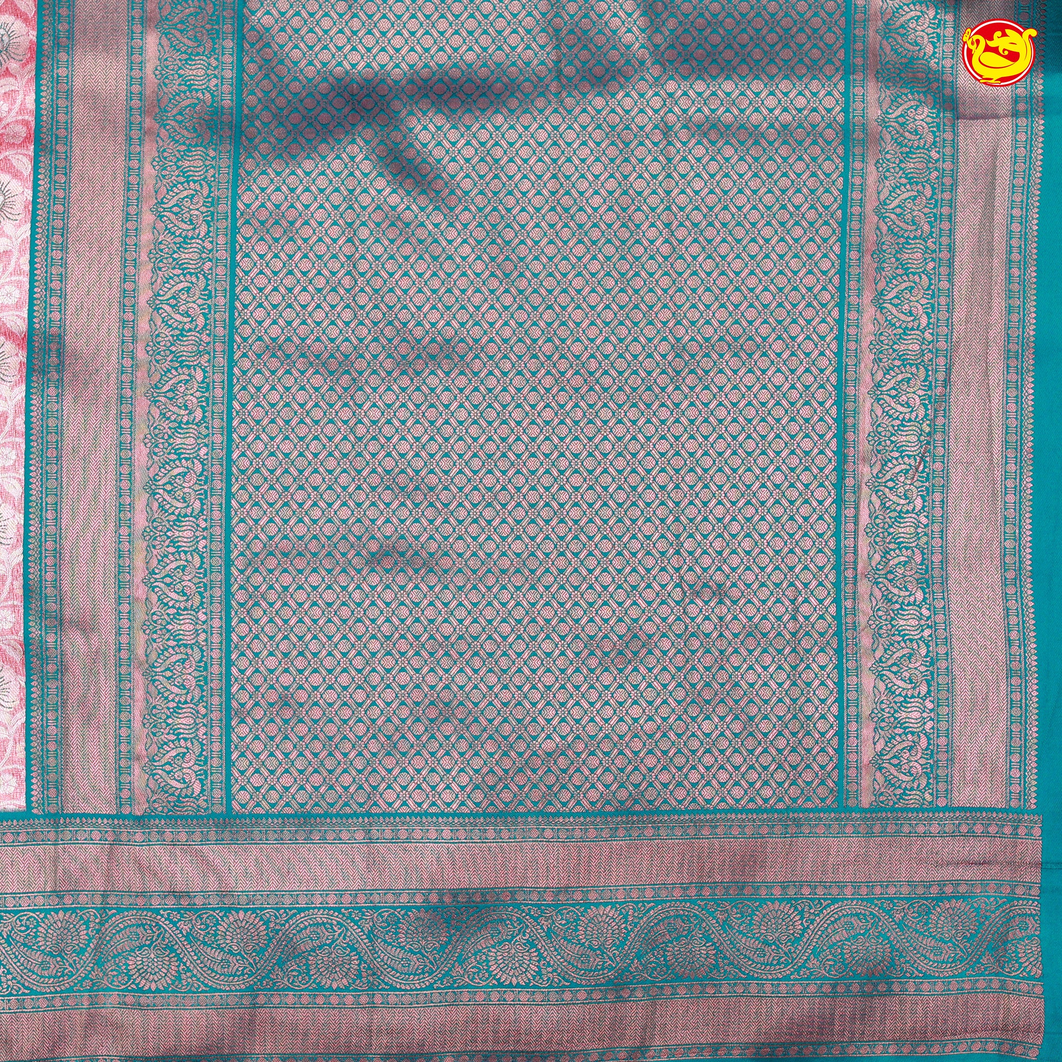 Pink with Teal Green Floral Motifs Soft Tissue Silk Saree