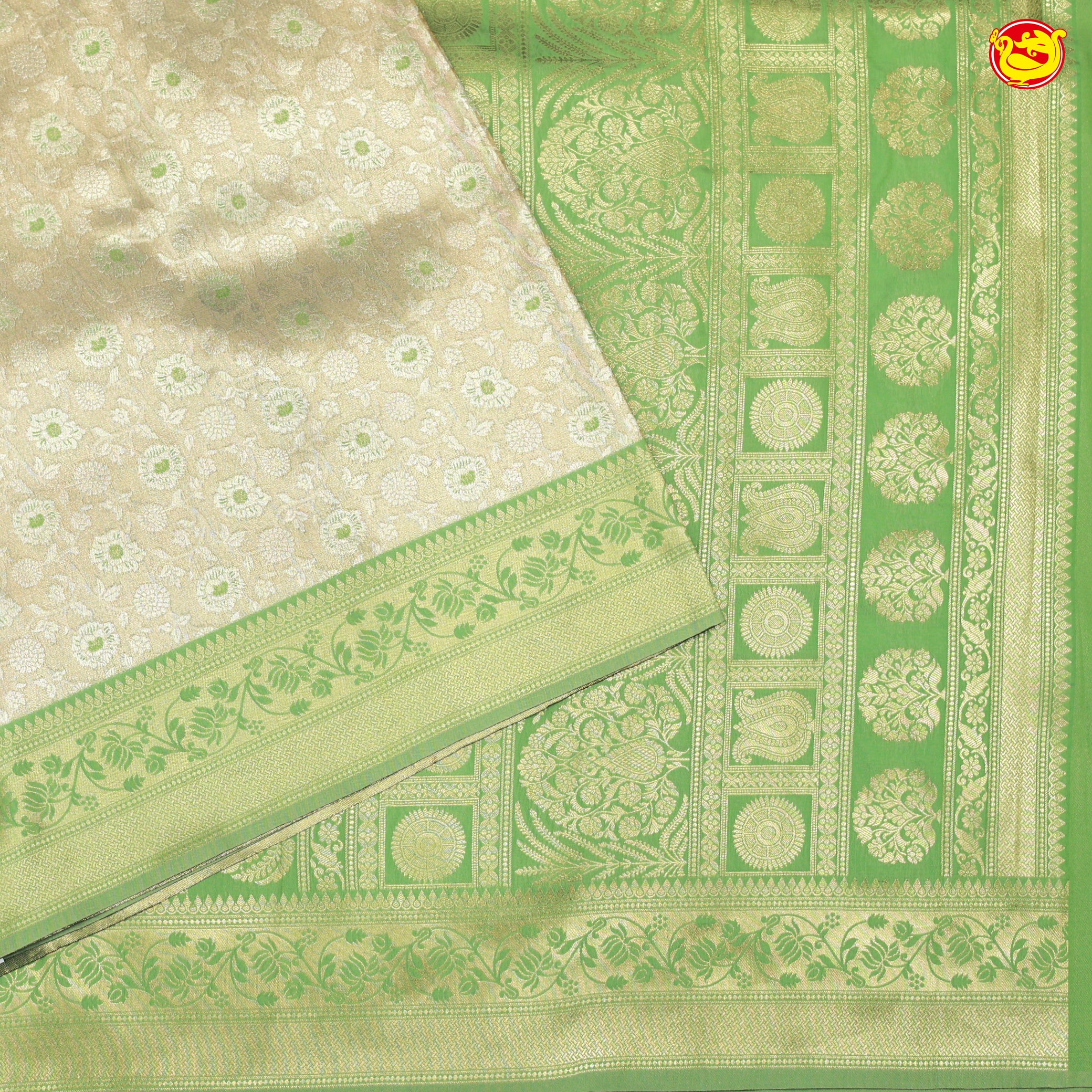 Gold with Light Green Floral Motifs Soft Tissue Silk Saree