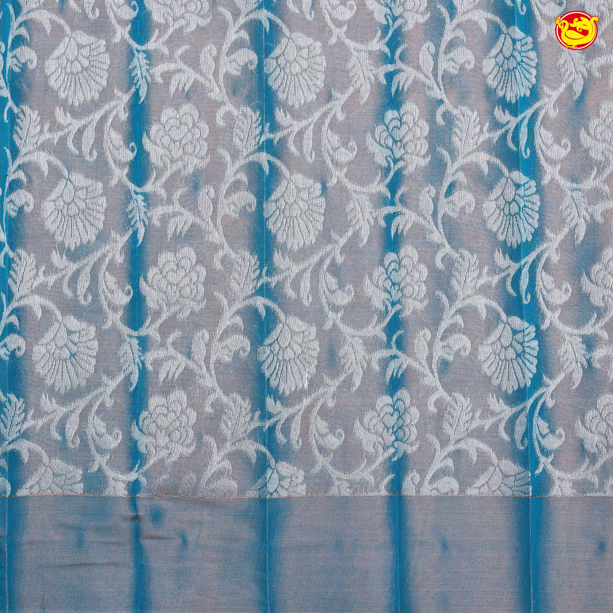 Blue and Grey with Orange Pallu Floral Design in Silver Zari Kotta Tissue Saree