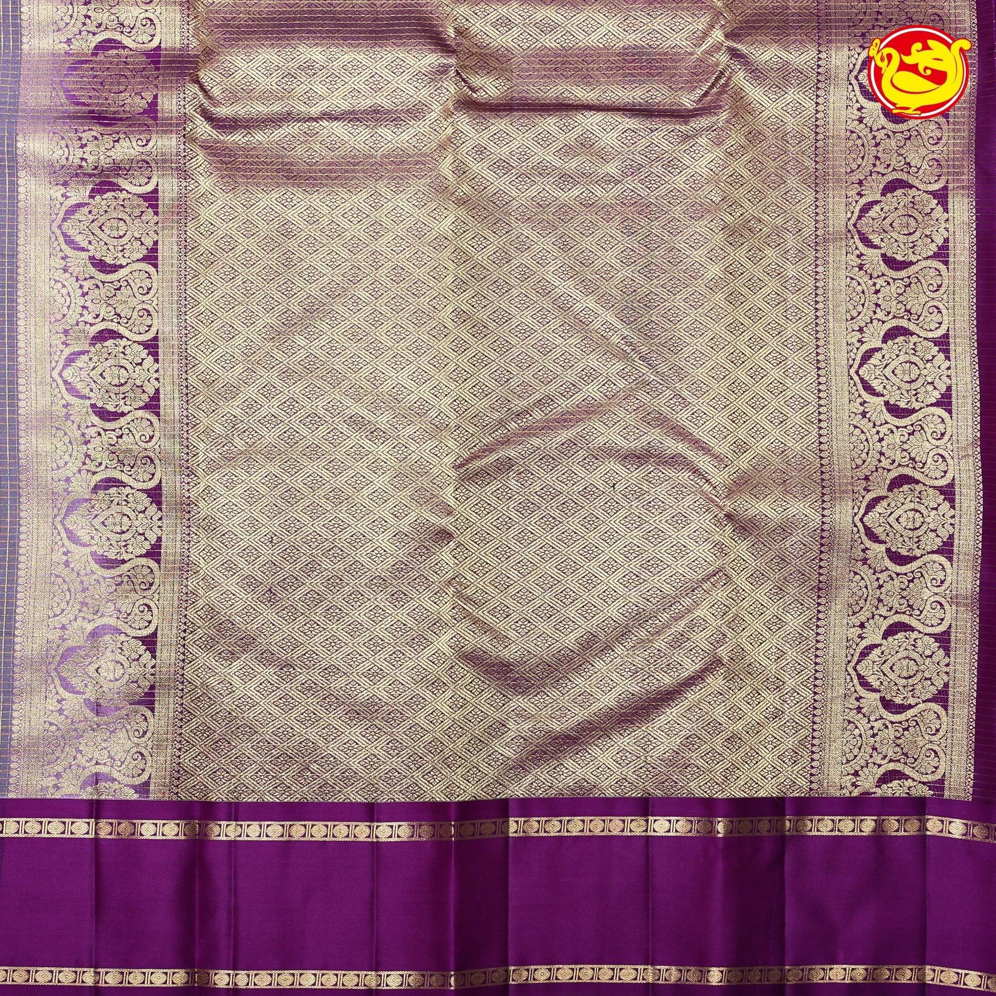 Purple with Magenta Checked Buttas Gold Zari Border Pure Kanjivaram Soft Silk Saree - Thenianantham