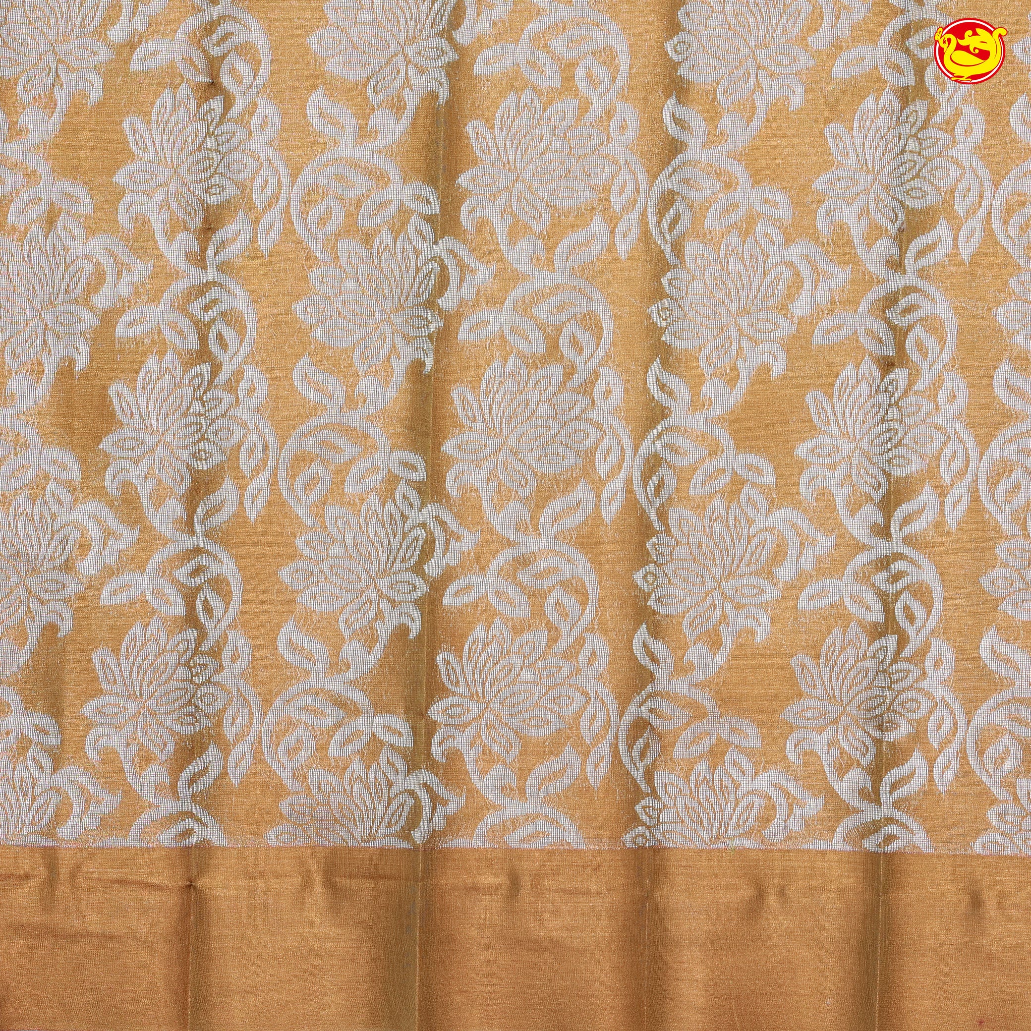 Mustard Yellow with Green Pallu Floral Design in Silver Zari Kotta Tissue Saree