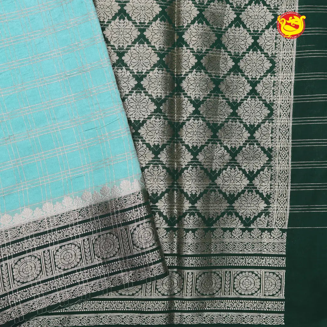 Light Sea green with Dark Green Stripes Design Semi Raw Silk Saree