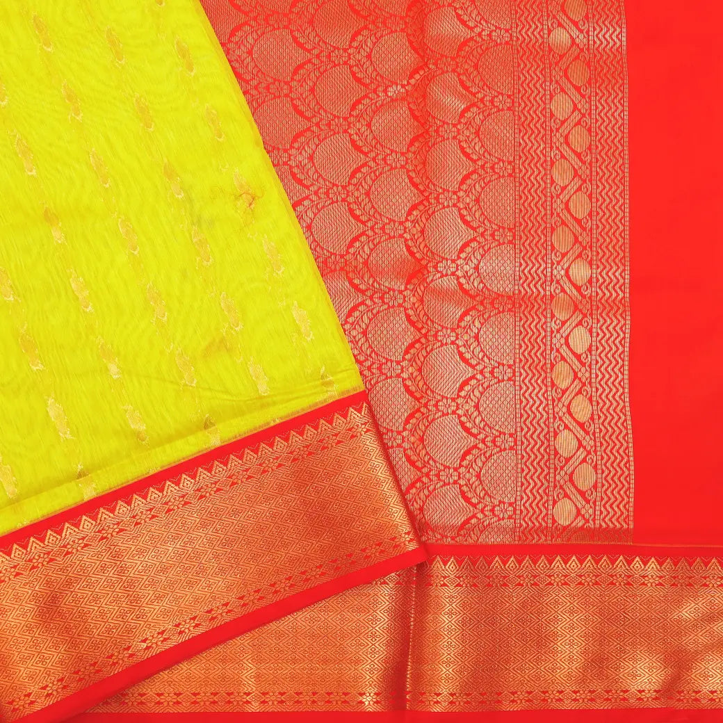 Lime Green With Red Semi Silk Cotton Saree