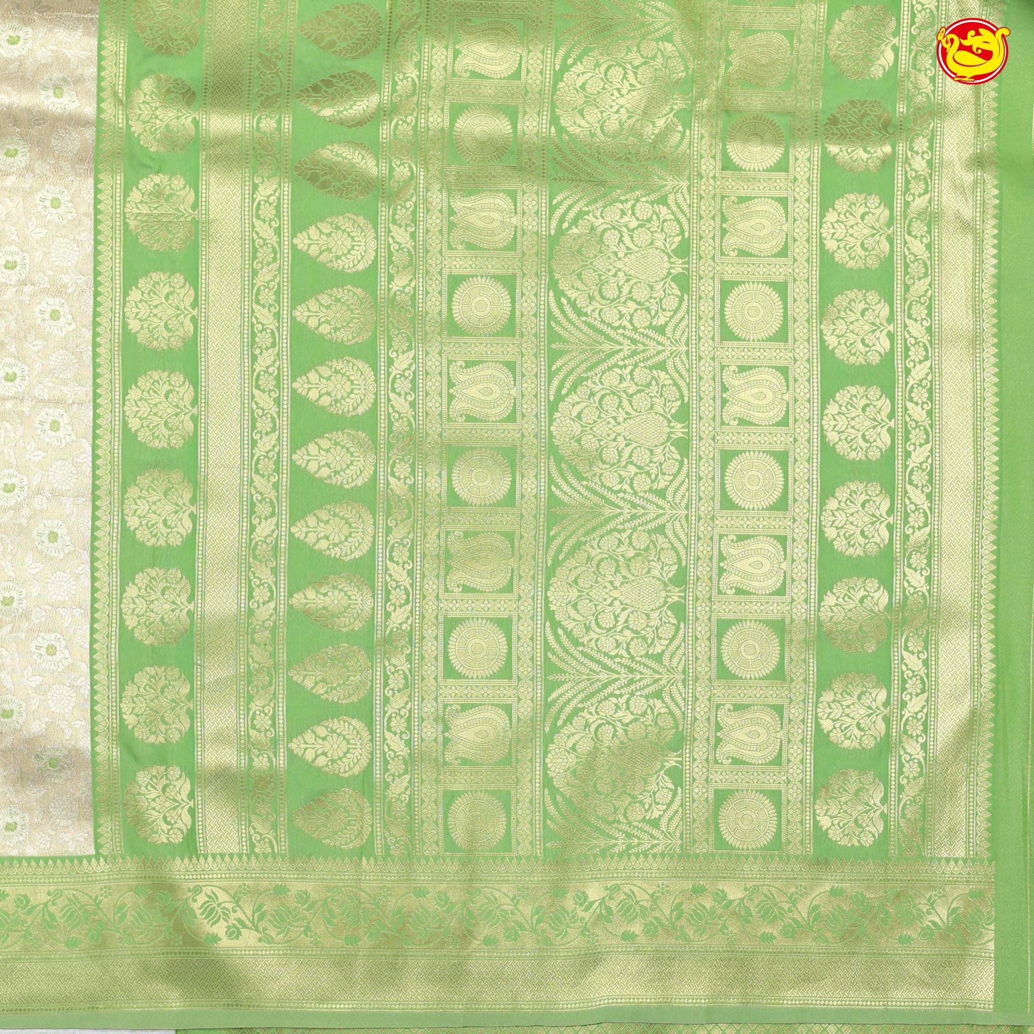 Gold with Light Green Floral Motifs Soft Tissue Silk Saree