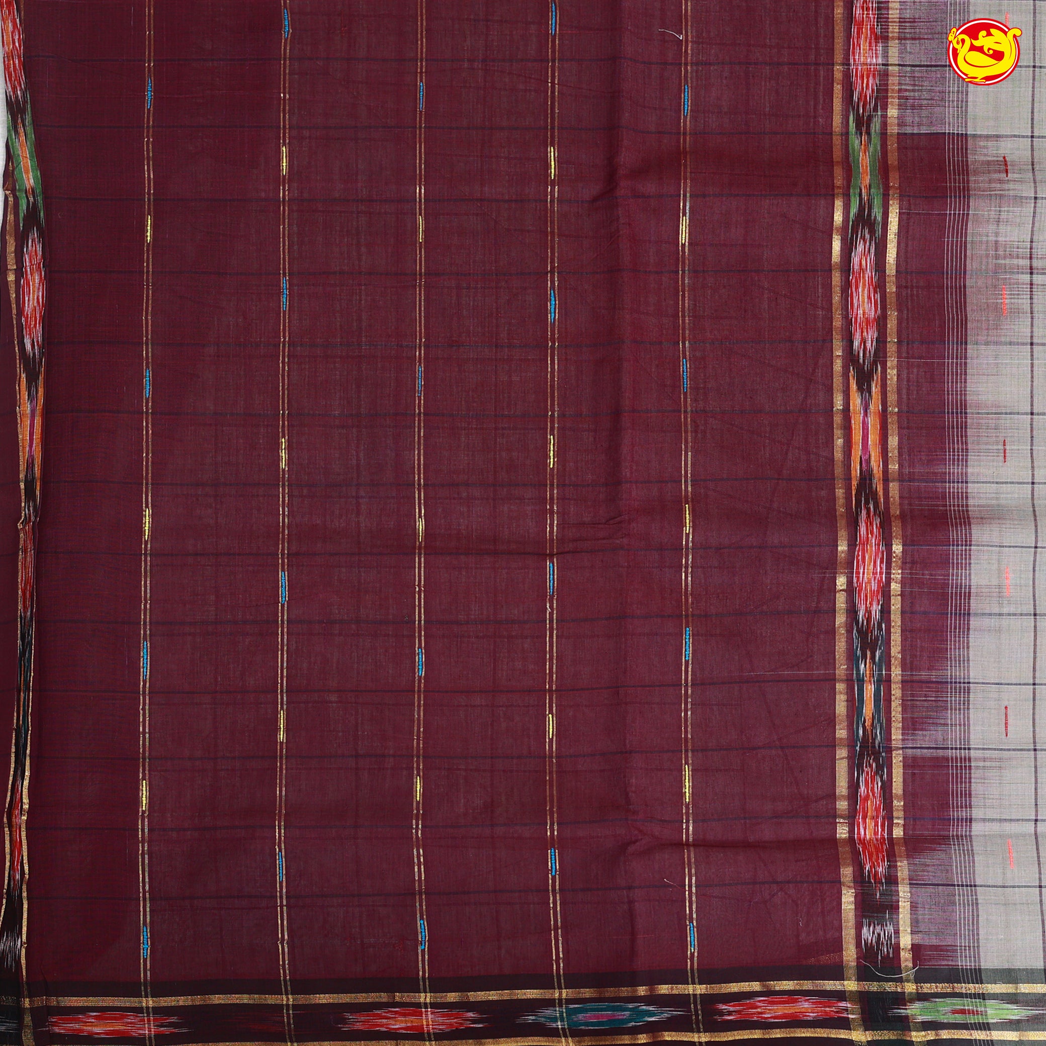 Grey with Dark Maroon Checked Venkatagiri Pure Cotton Saree without Blouse