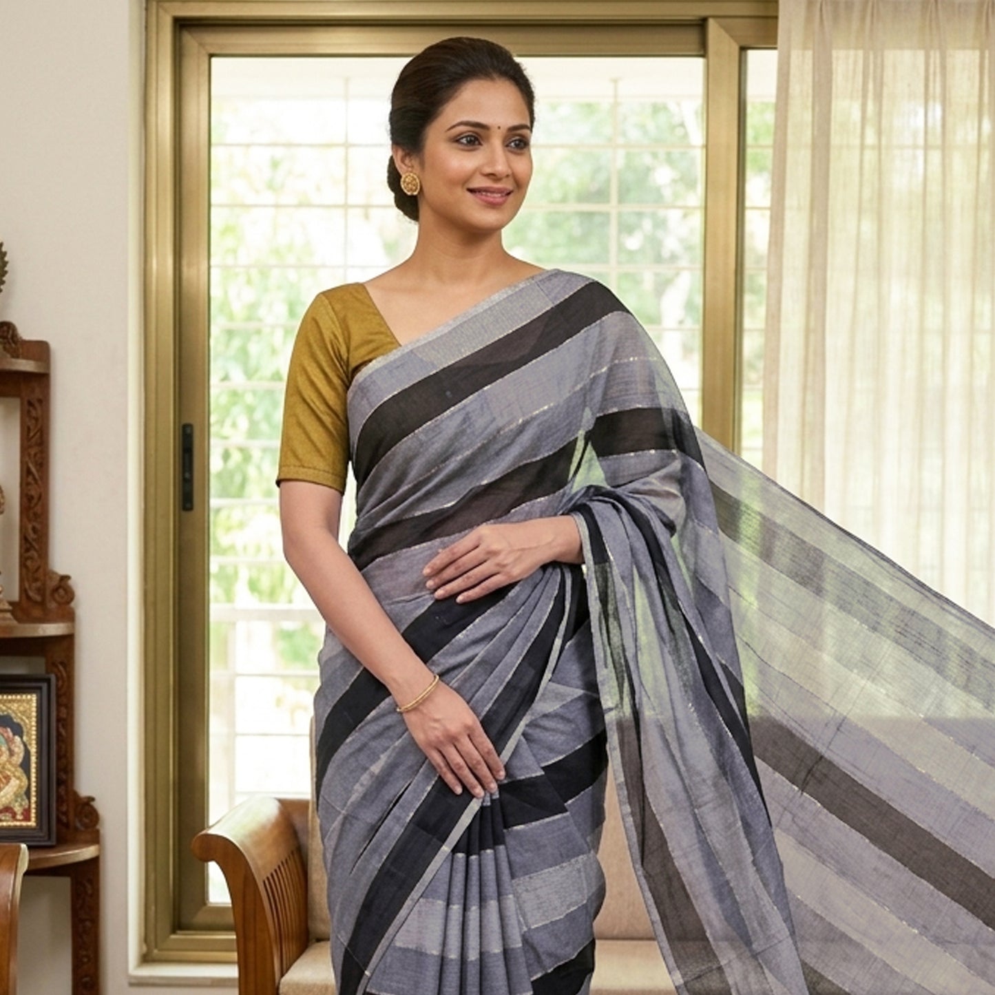 Black With Grey Stripes Mul Mul Cotton Saree