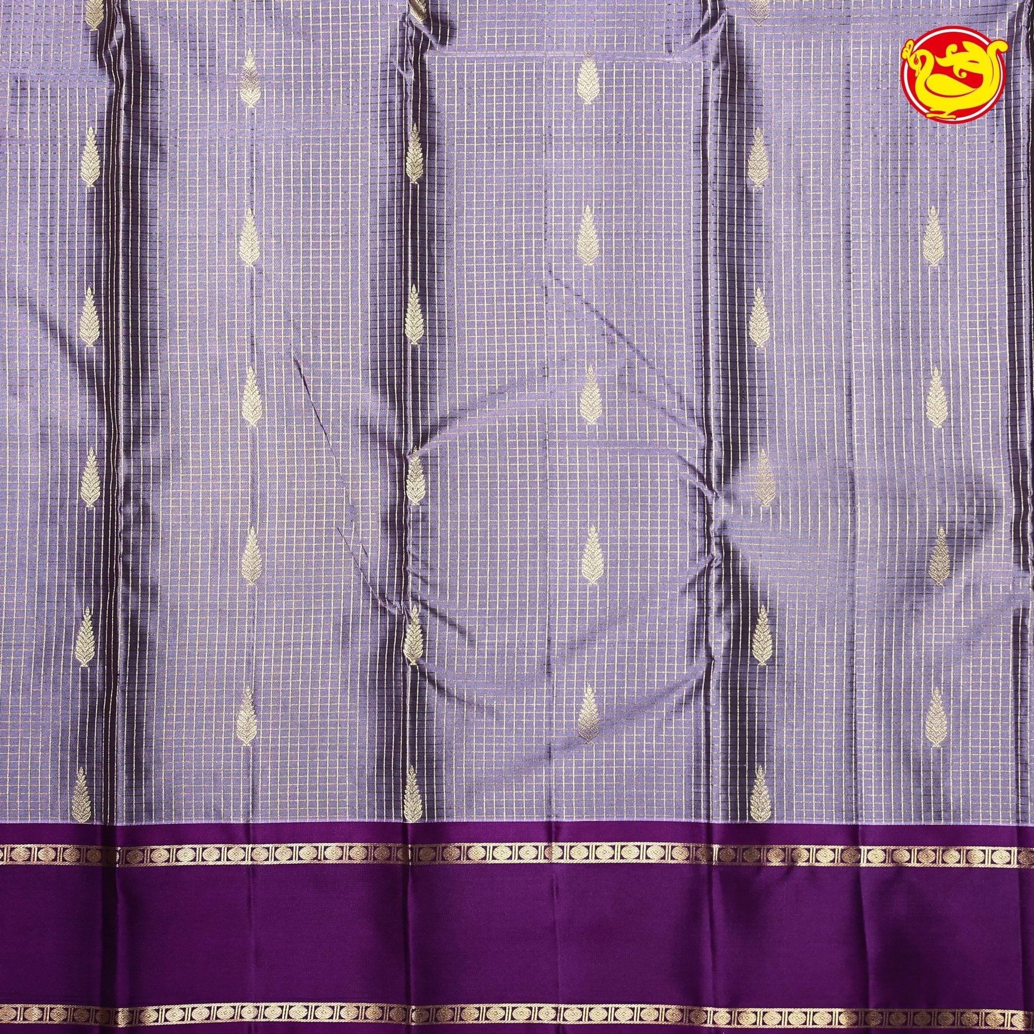 Purple with Magenta Checked Buttas Gold Zari Border Pure Kanjivaram Soft Silk Saree - Thenianantham