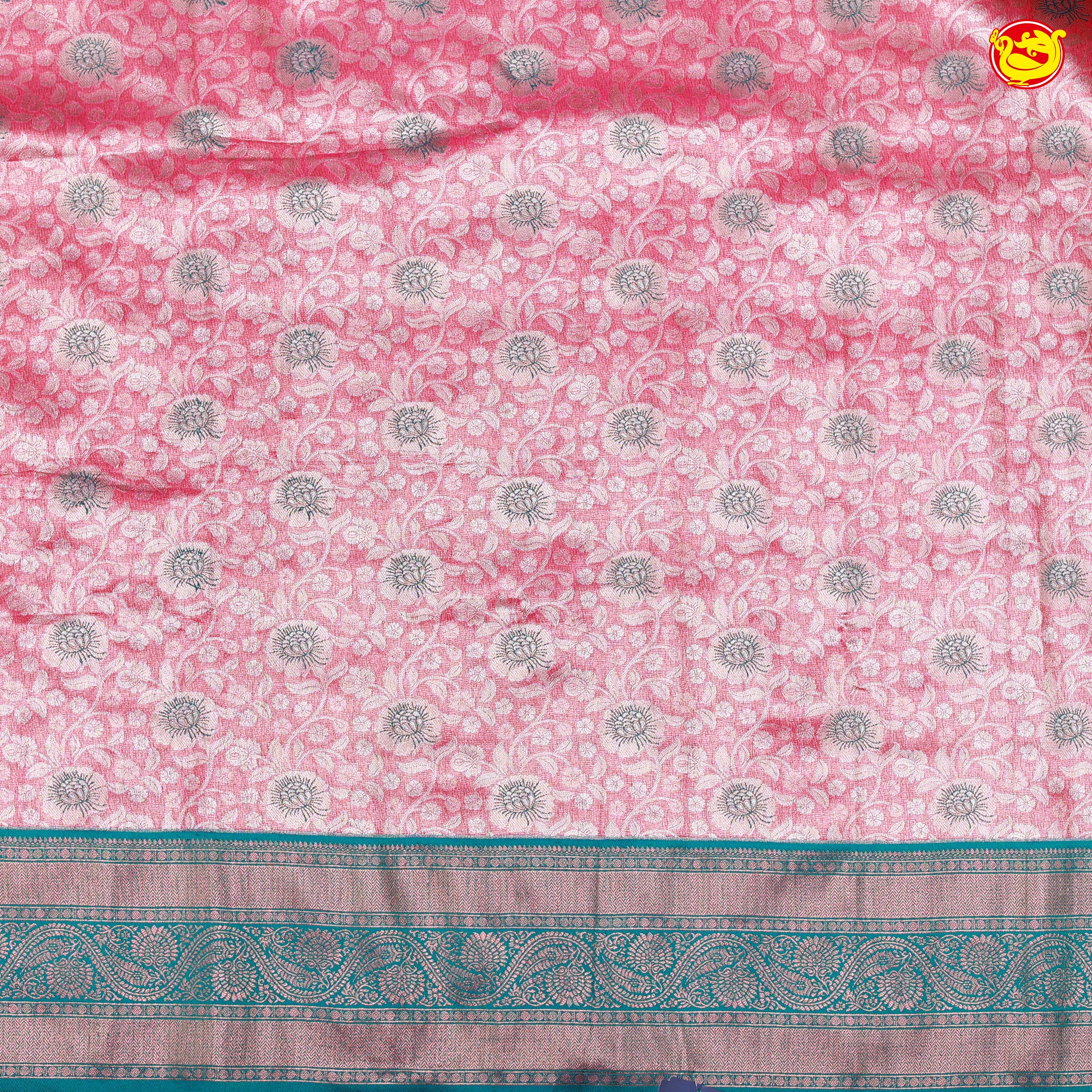 Pink with Teal Green Floral Motifs Soft Tissue Silk Saree