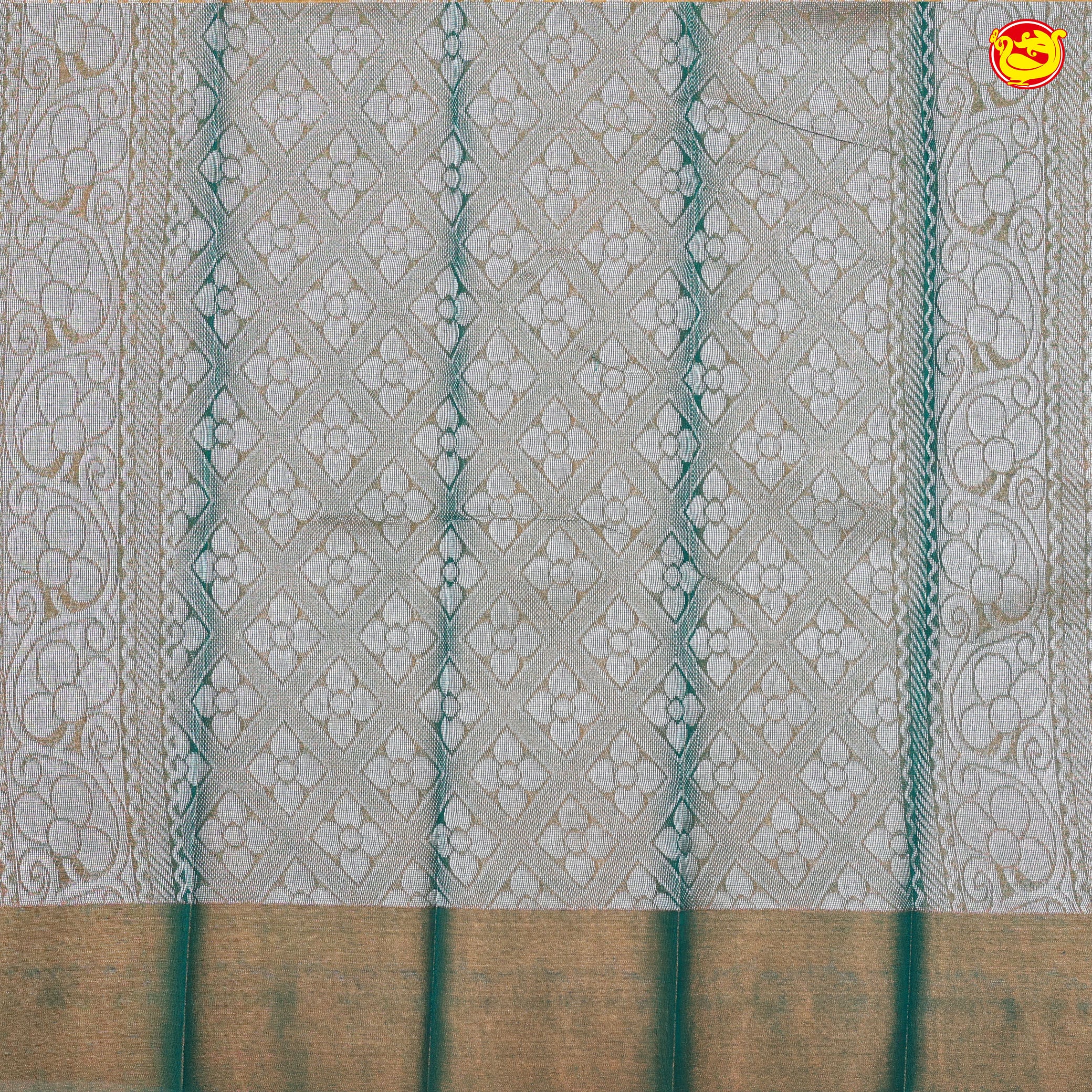 Mustard Yellow with Green Pallu Floral Design in Silver Zari Kotta Tissue Saree