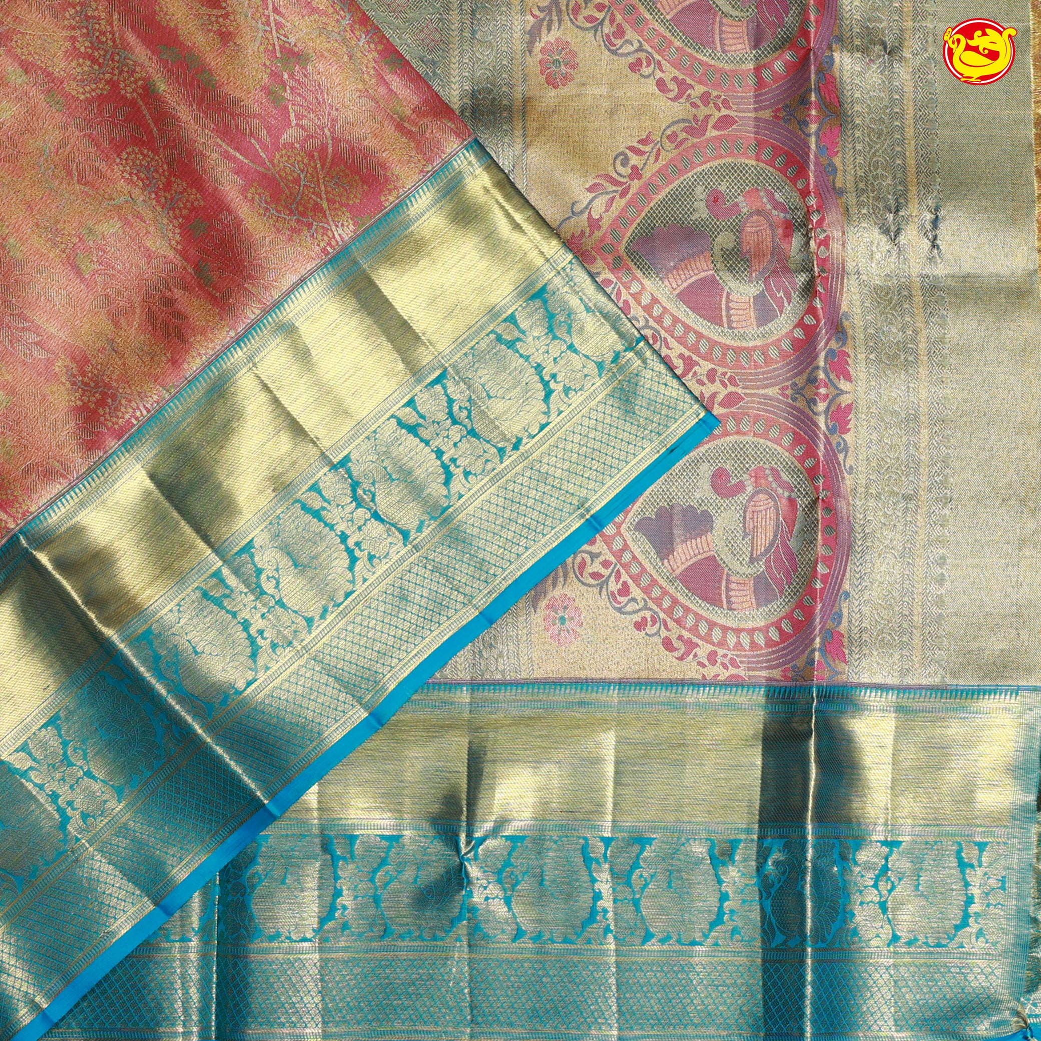 Peach with Blue Pallu Floral Print in Tissue Wedding Silk Saree