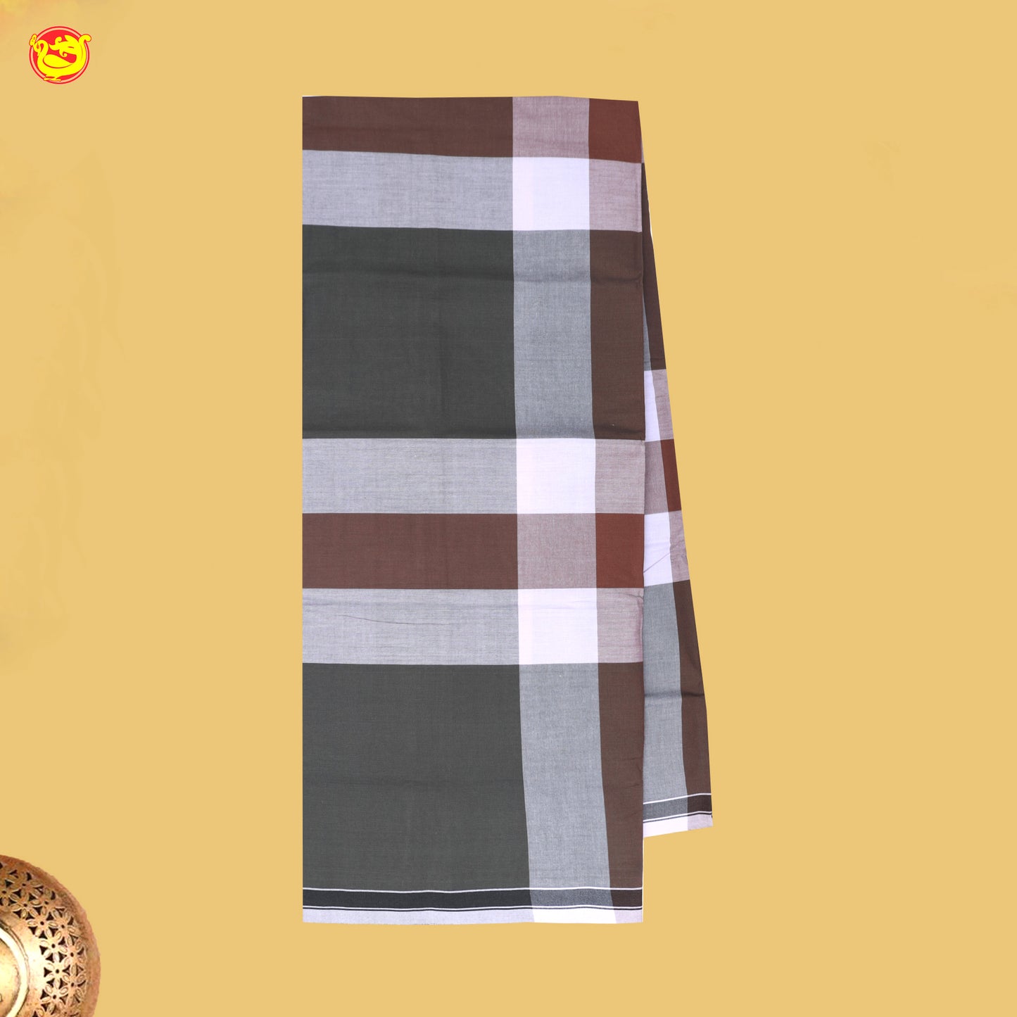 Men’s Grey with Brown Checked Cotton Stitched Lungi