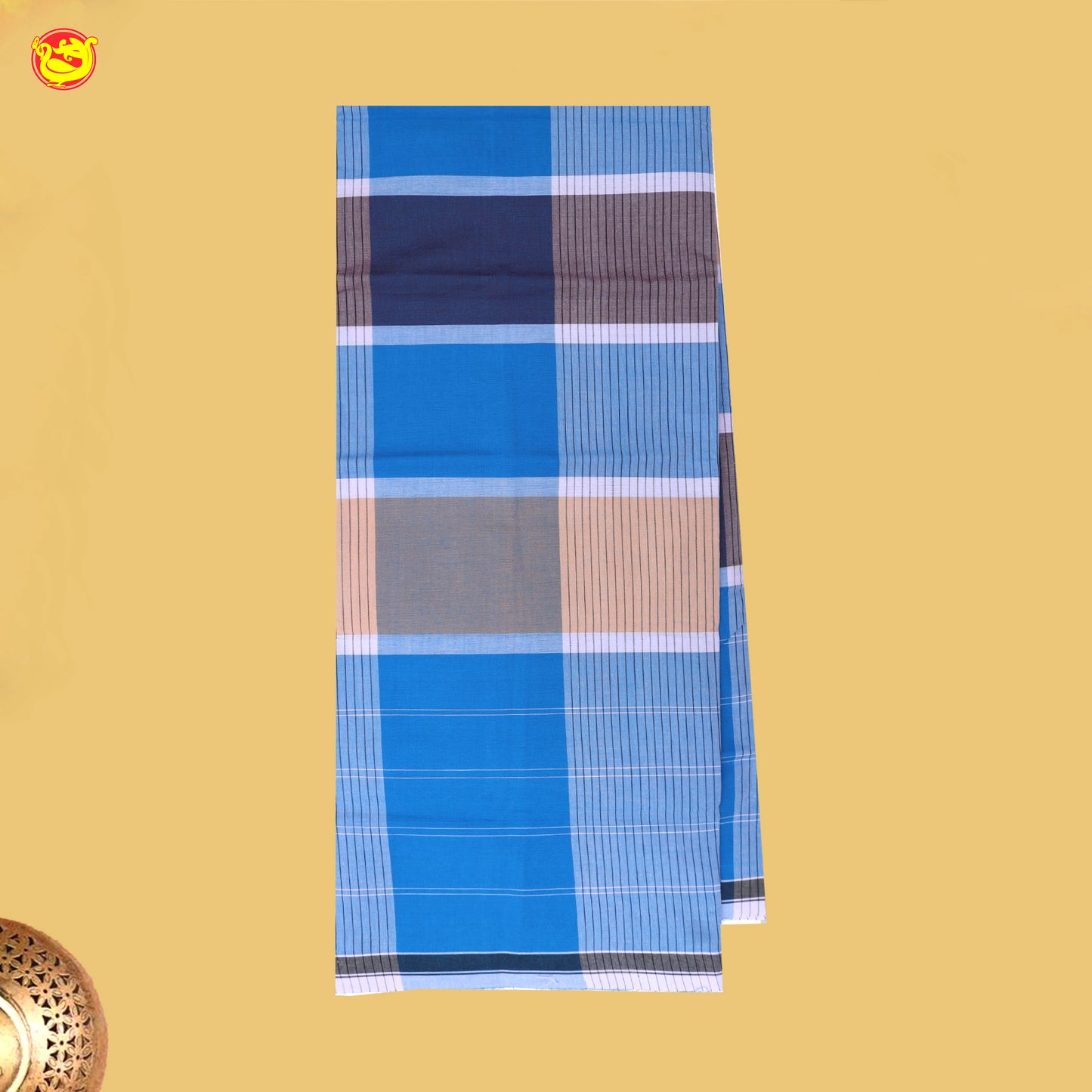 Men’s Blue with Brown Checked Cotton Stitched Lungi
