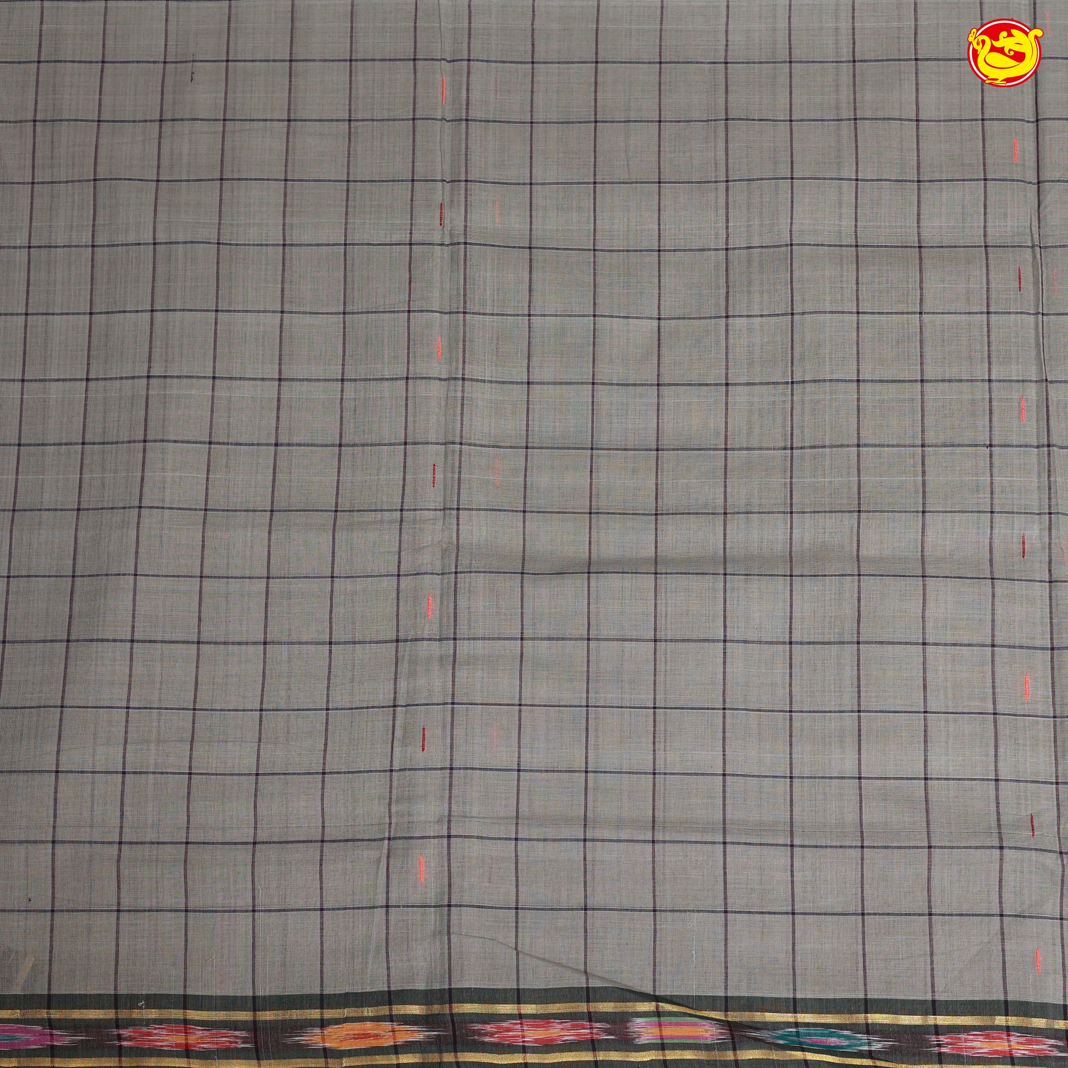 Grey with Dark Maroon Checked Venkatagiri Pure Cotton Saree without Blouse