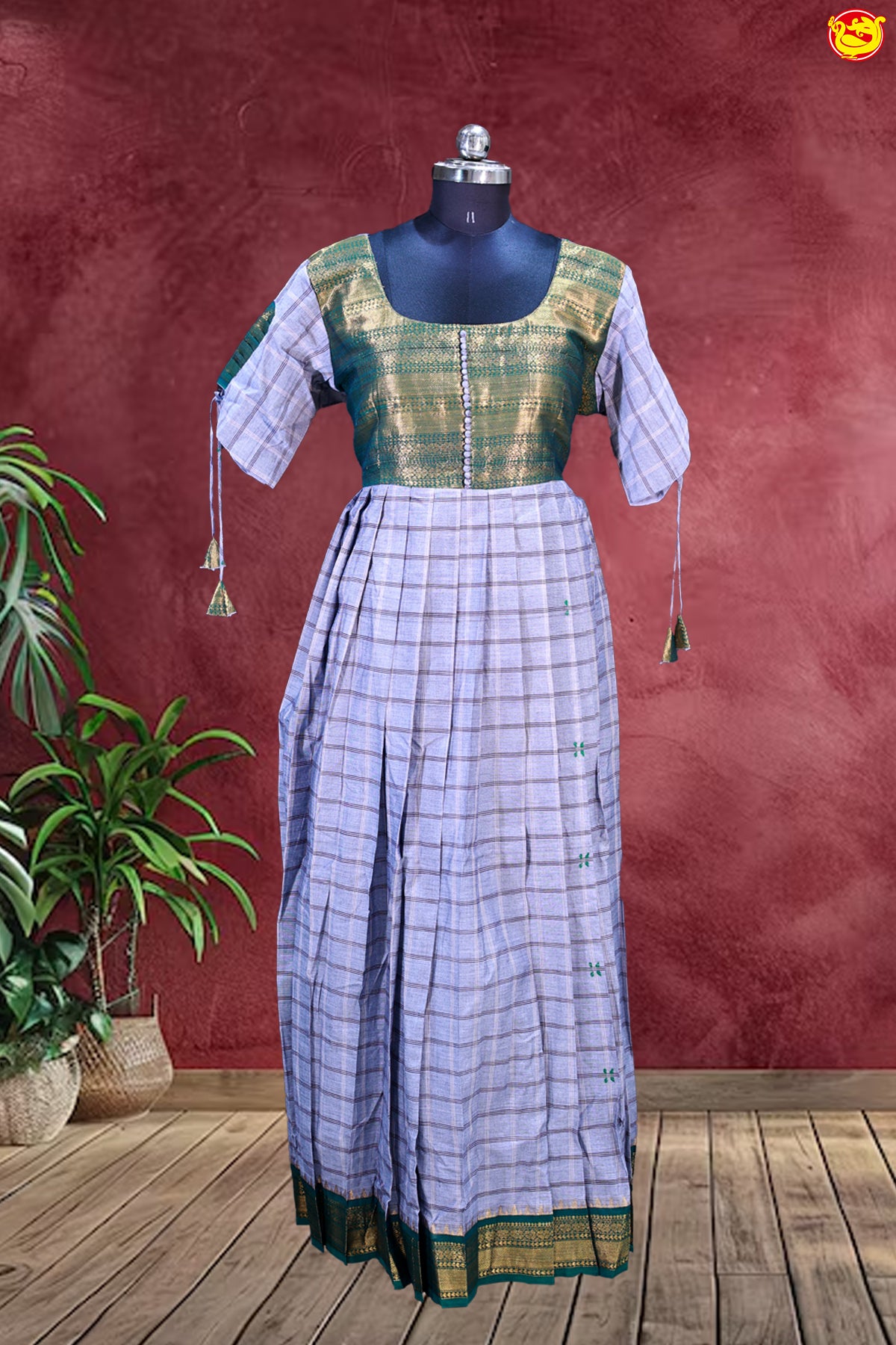 Purple with Green Checked Ladies Branded Readymade Chettinad Cotton Pleated Gown