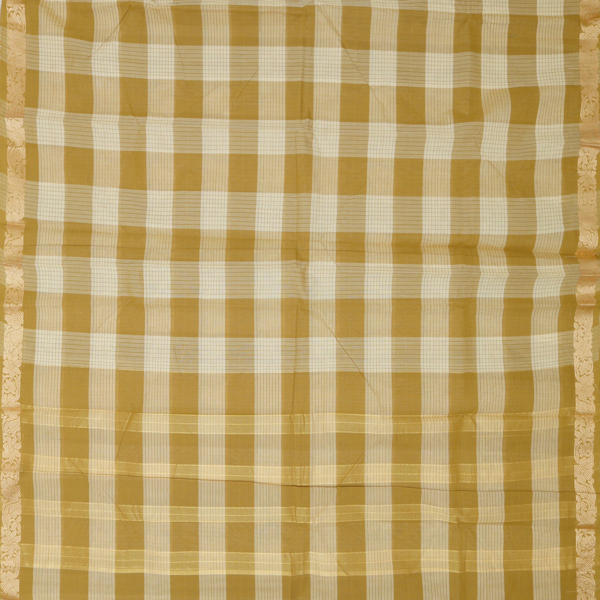 Yellow – Brown Small Checked Pattern Pure Chettinad Cotton Saree without Blouse