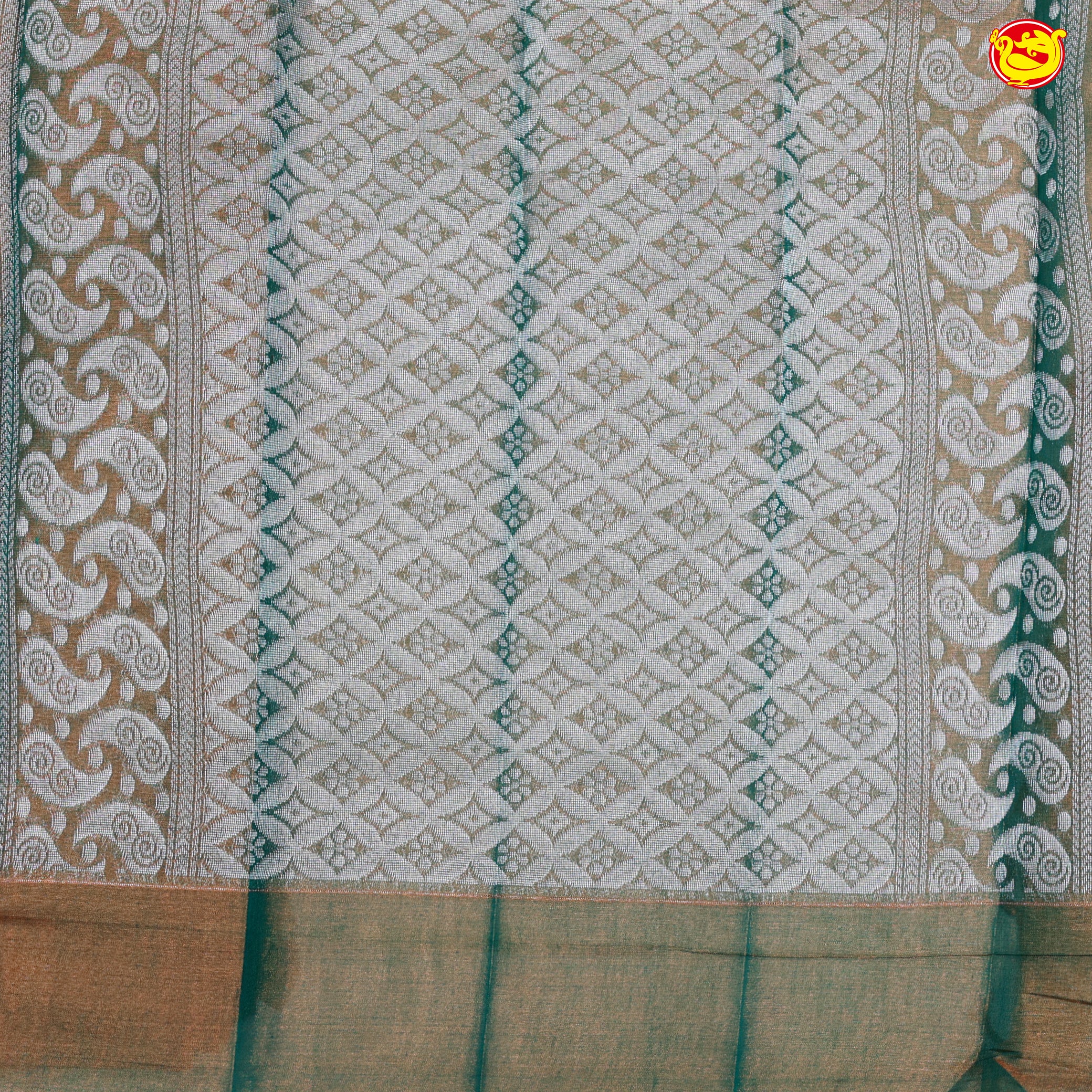 Orange with Green Floral Design Kotta Tissue Saree