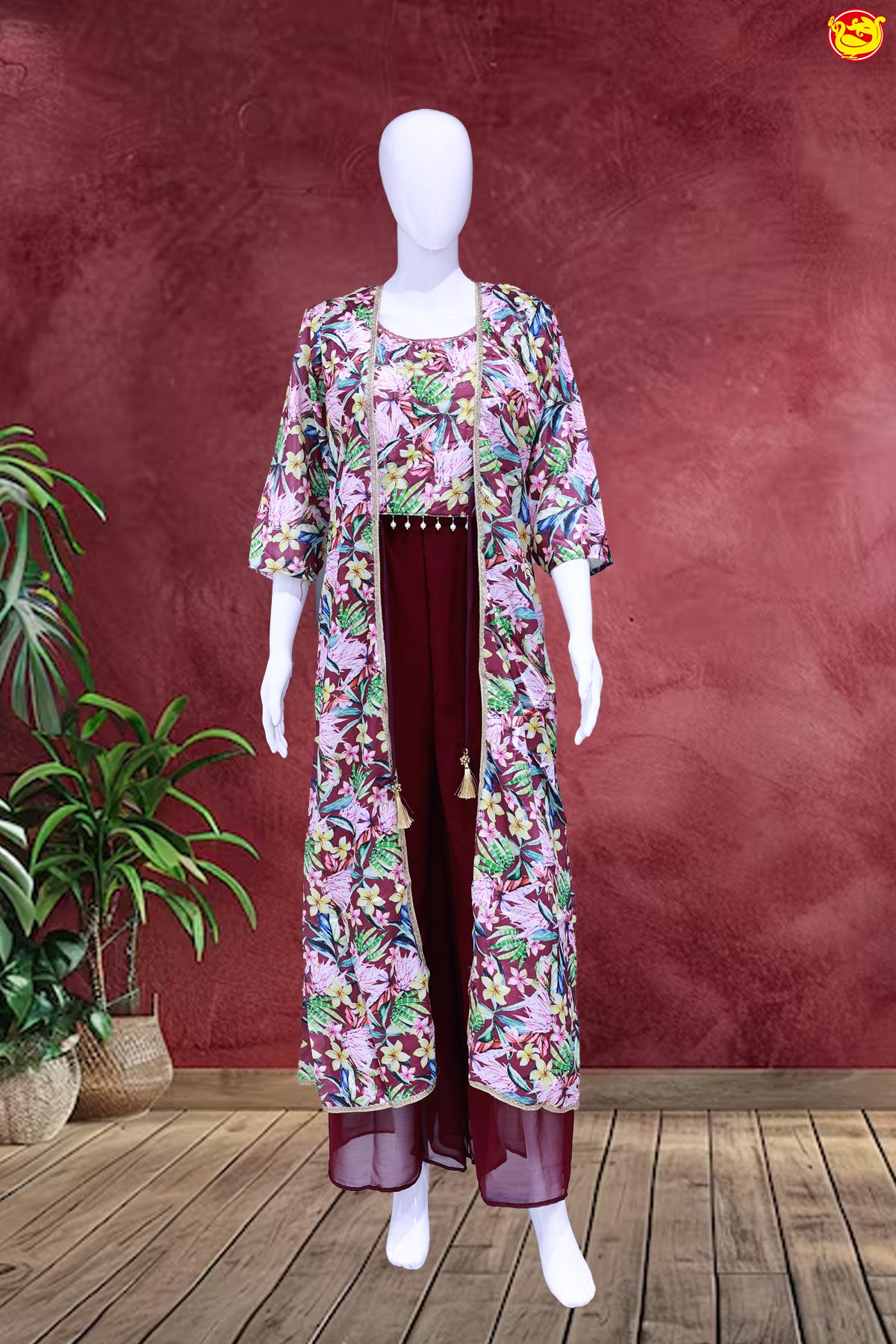 Dark Maroon Crop Top Palazzo with Long Jacket
