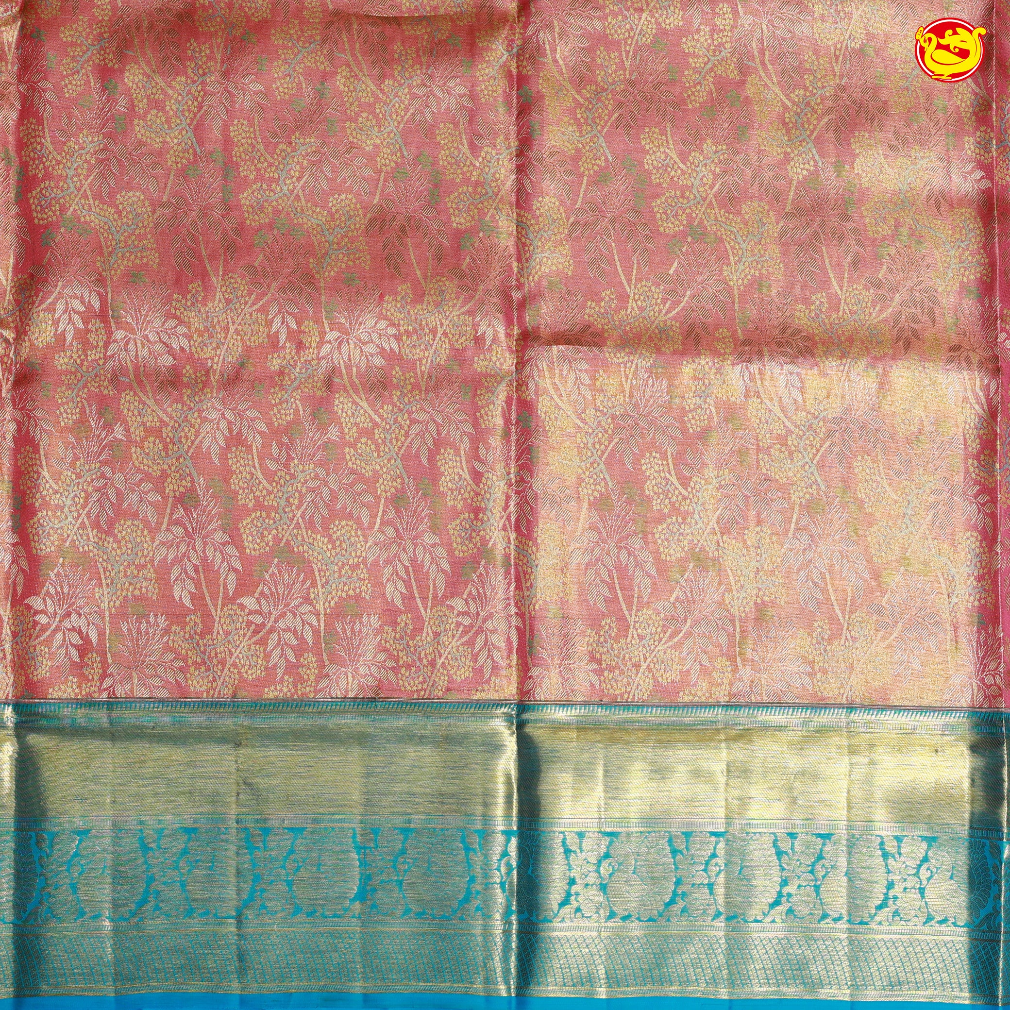 Peach with Blue Pallu Floral Print in Tissue Wedding Silk Saree