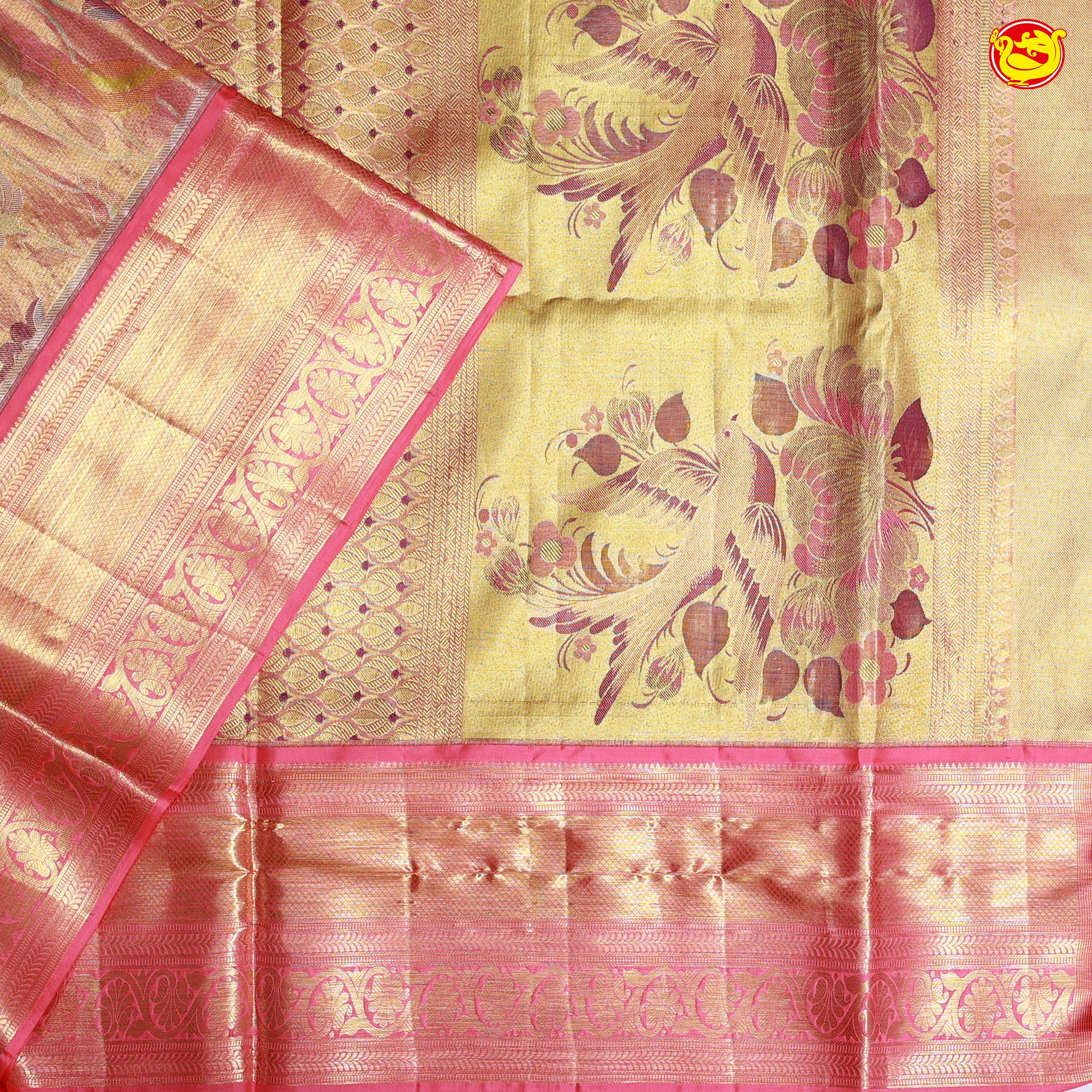 Golded with Pink Border Floral Motifs in Gold Zari Tissue Wedding Silk Saree