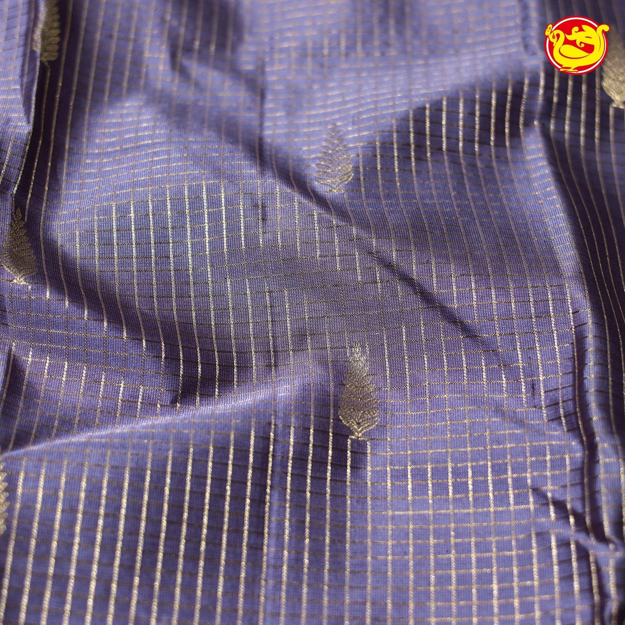 Purple with Magenta Checked Buttas Gold Zari Border Pure Kanjivaram Soft Silk Saree - Thenianantham