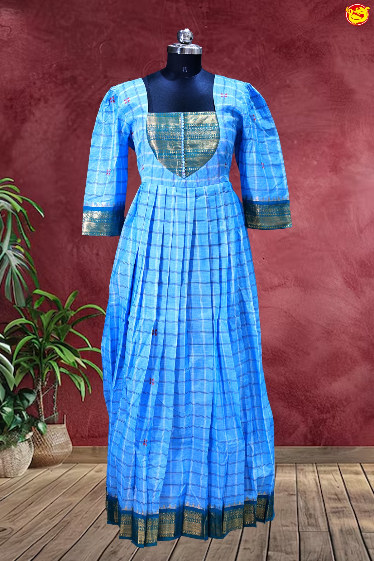 Blue with Checked Ladies Branded Readymade Chettinad Cotton Pleated Gown