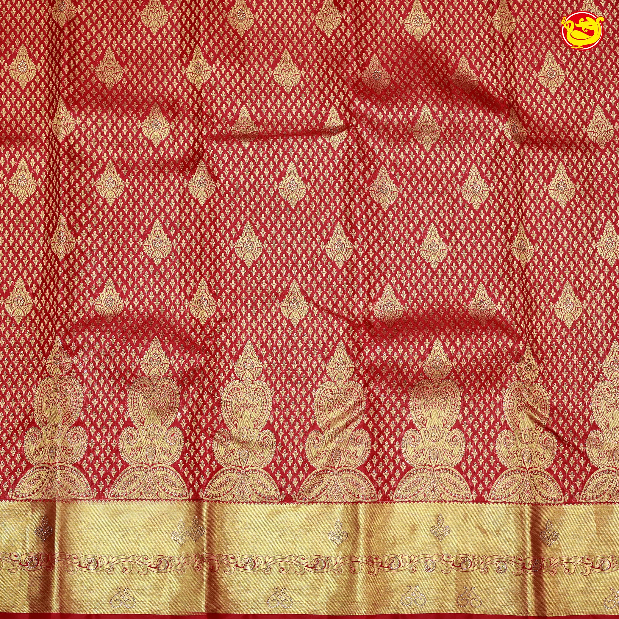 Cherry Red with Golden Stone Work Gold Zari Border Wedding Silk Saree
