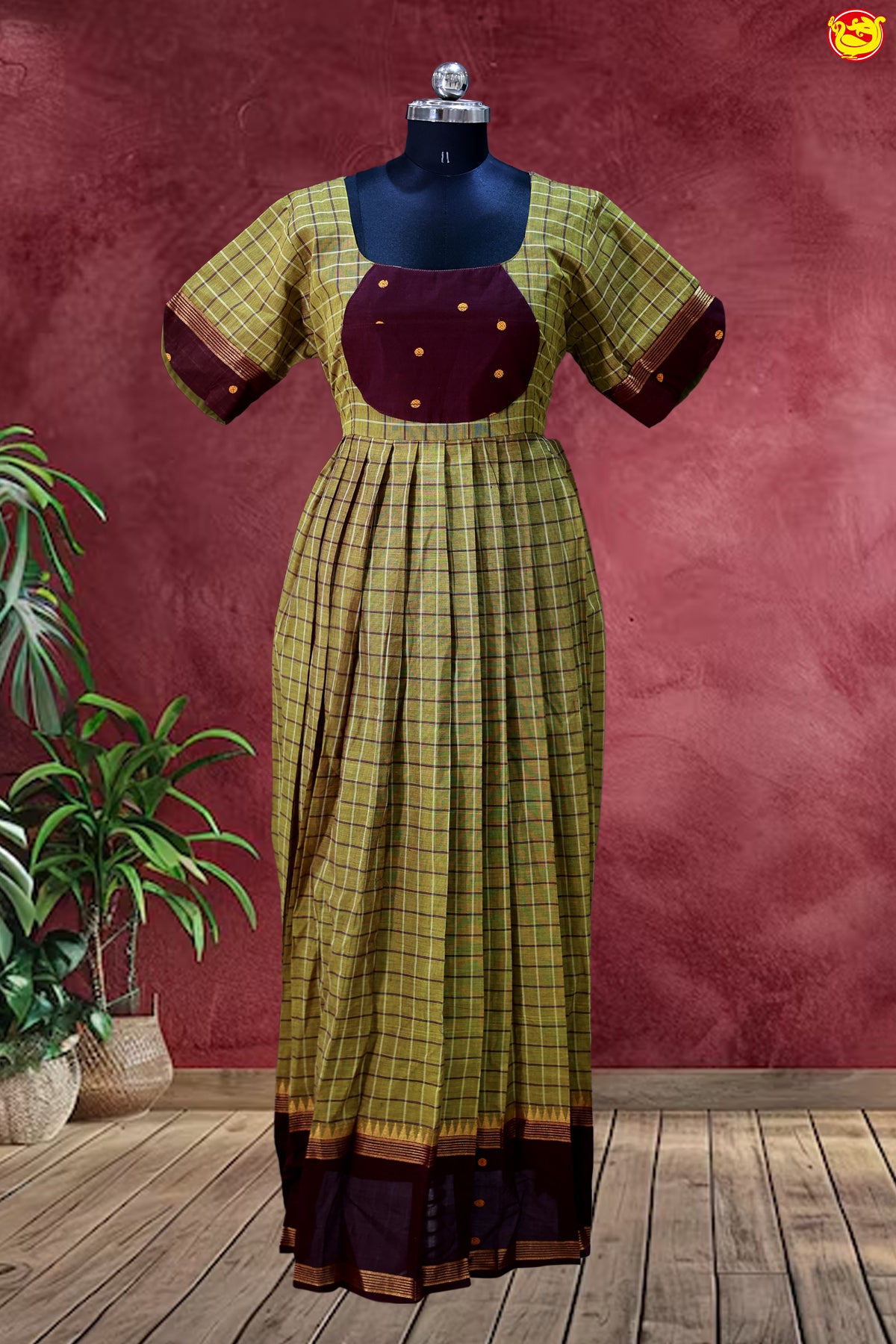 Olive Green with Brown Ladies Branded Readymade Chettinad Cotton Pleated Gown