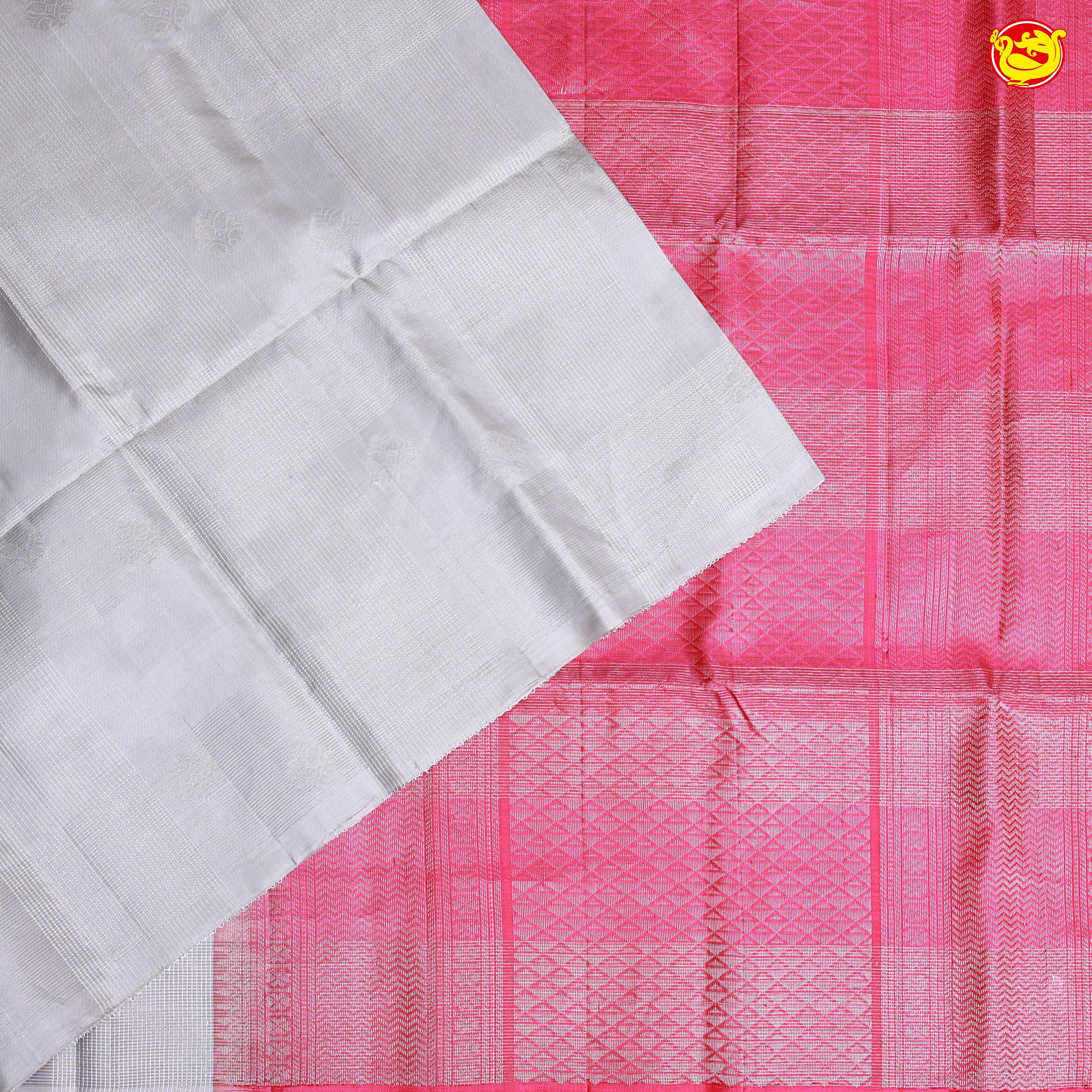 Grey with Pink Pallu Traditional Buttas in Silver Zari Soft Silk Saree