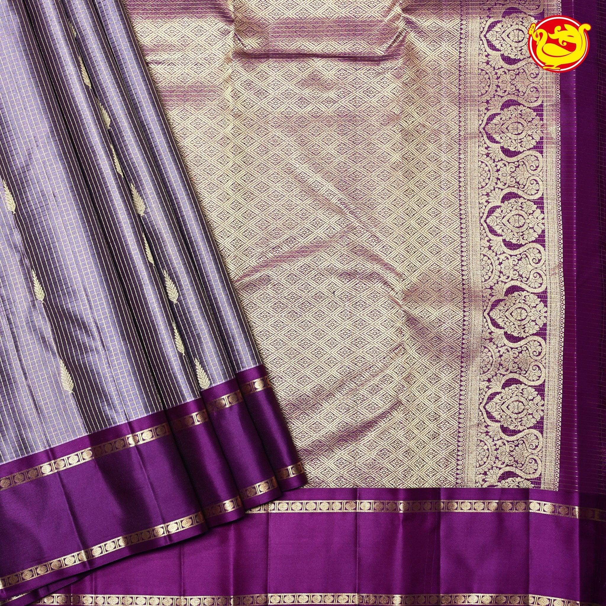 Purple with Magenta Checked Buttas Gold Zari Border Pure Kanjivaram Soft Silk Saree - Thenianantham