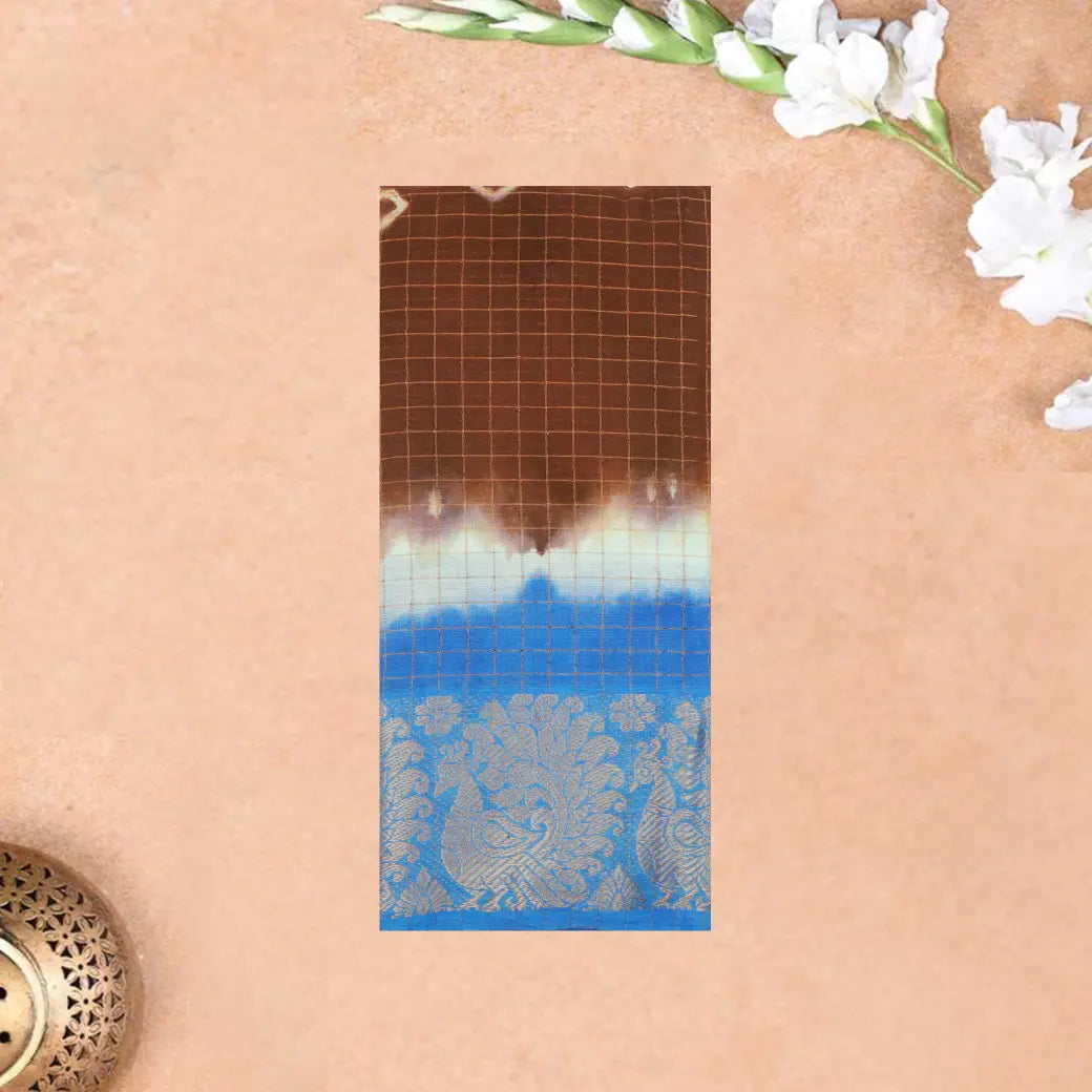 Brown with Blue Sungudi Cotton Saree without Blouse