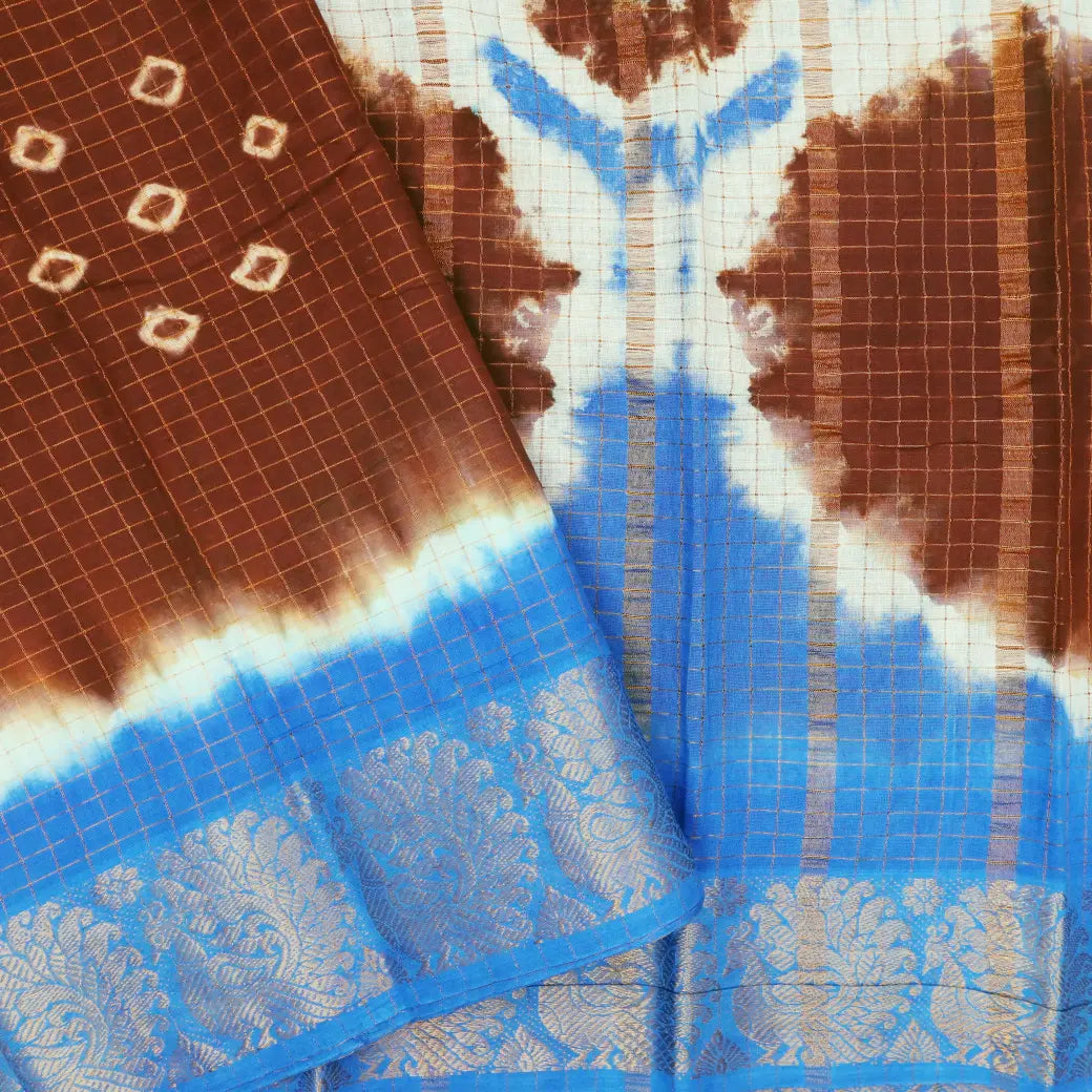 Brown with Blue Sungudi Cotton Saree without Blouse