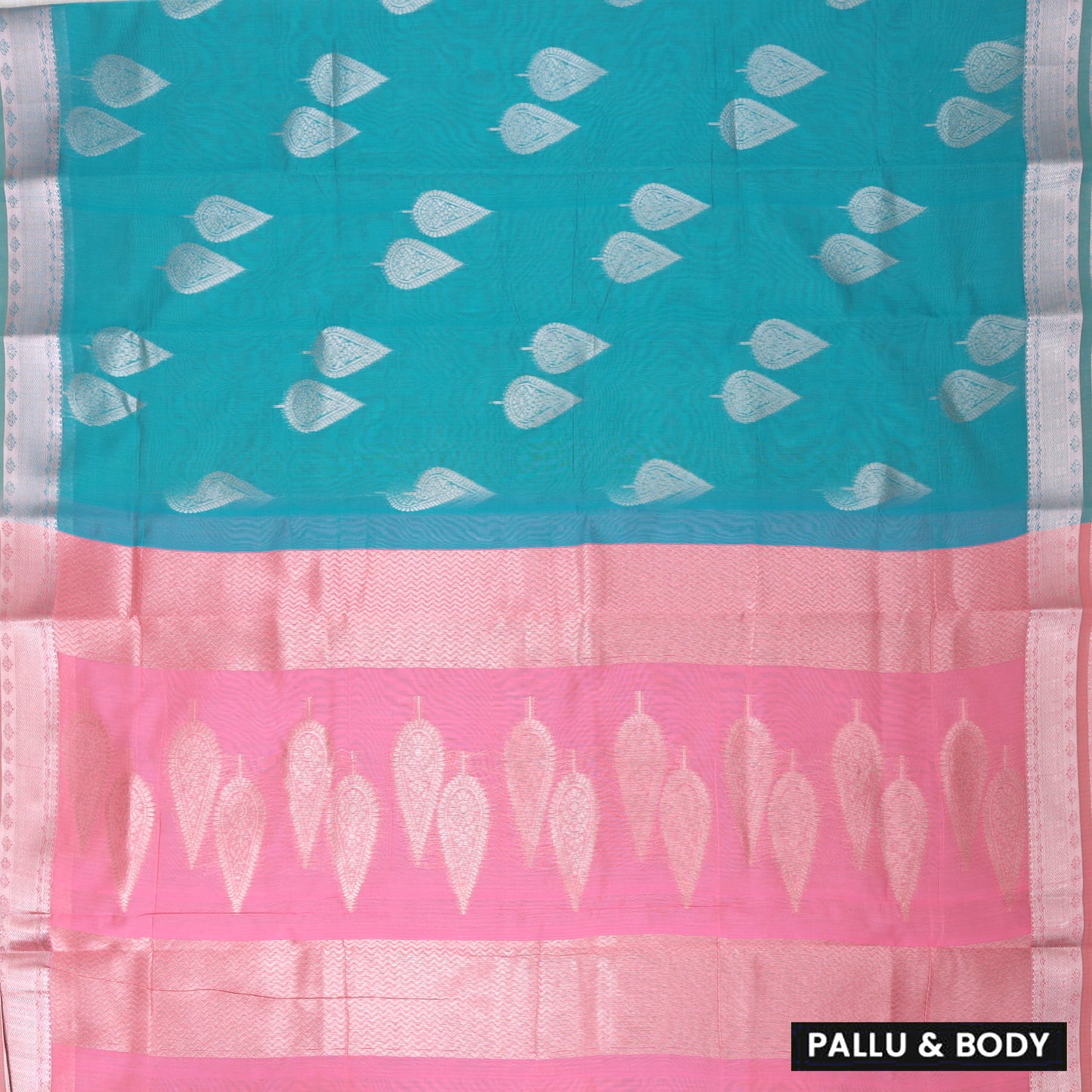Turquoise Blue With Pink Silk Cotton Saree