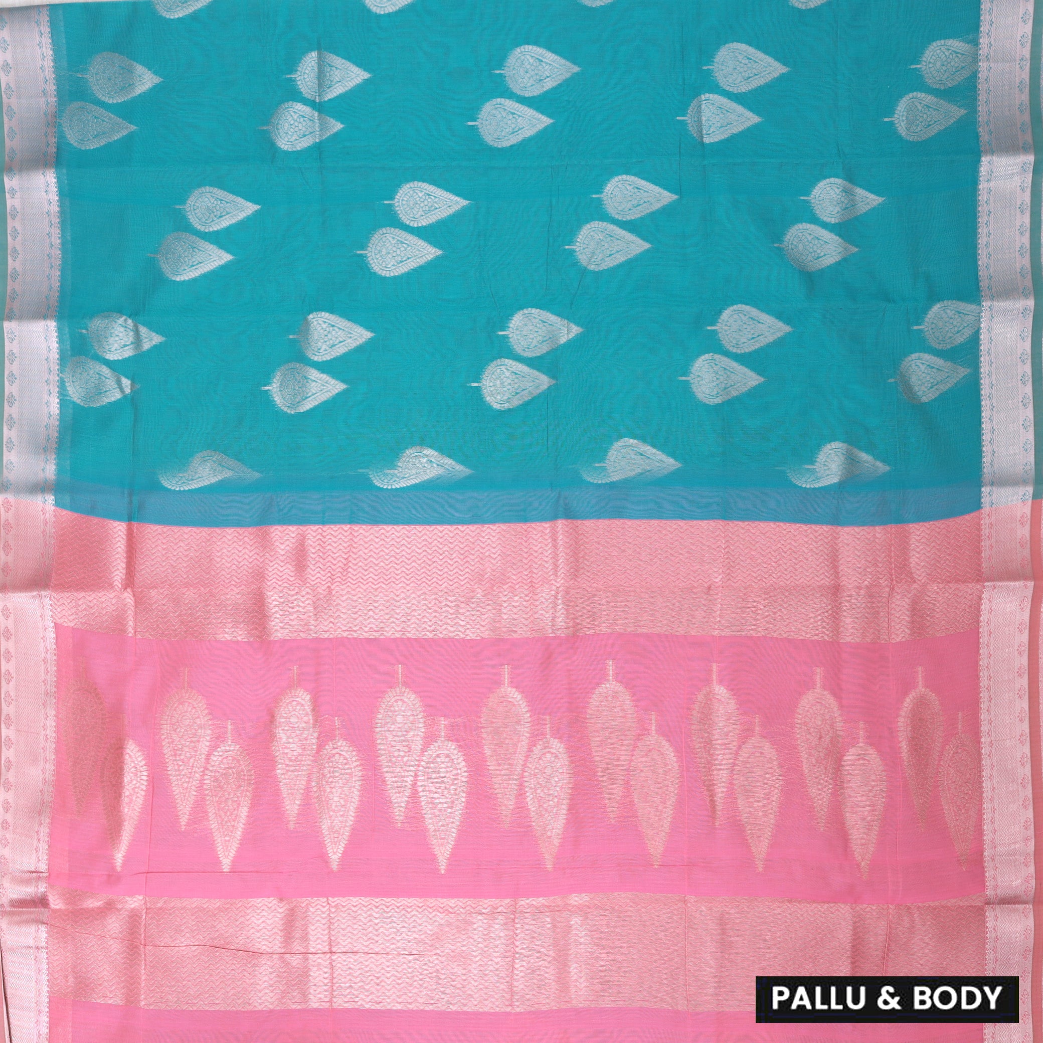 Turquoise Blue With Pink Silk Cotton Saree