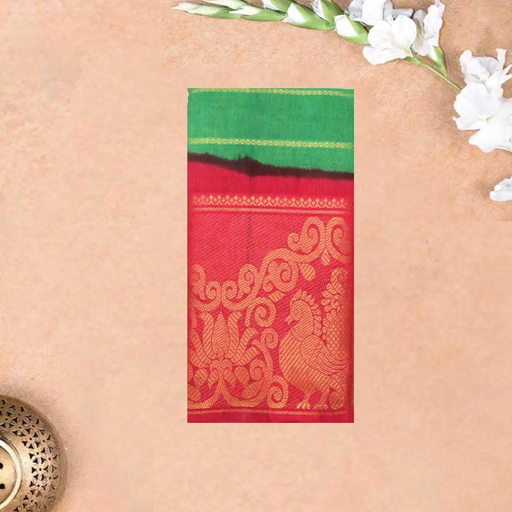 Green with Red Stripes Sungudi Cotton Saree without Blouse
