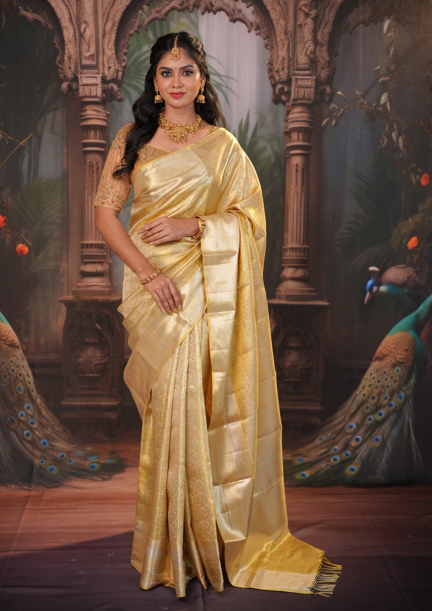 Golden Tissue Gold Zari Border Wedding Silk Saree