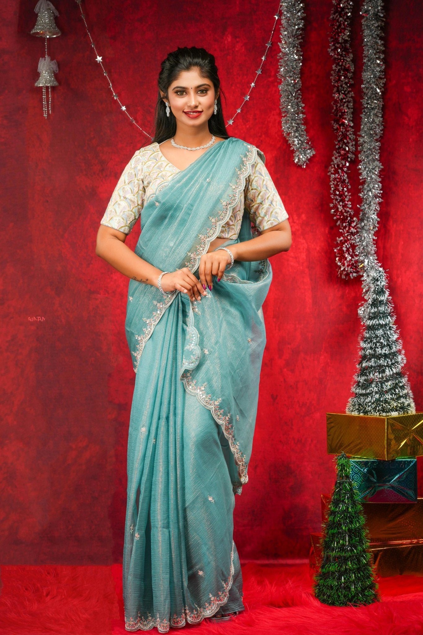 Water Blue Floral Buttas Body Embroidery cut work Tissue Crush Work Saree - Thenianantham
