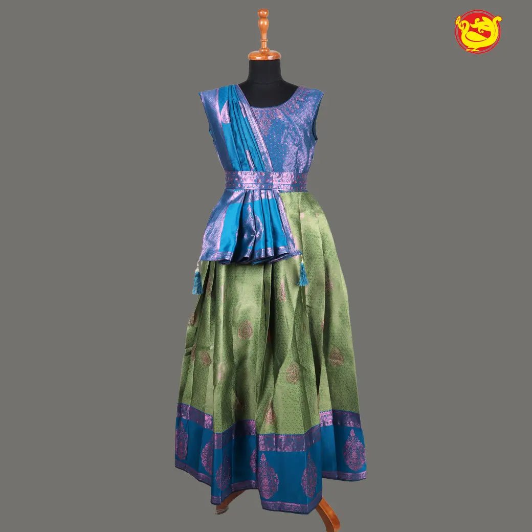 Peacock blue with Light Olive Green Girls & Women Branded Readymade Pattu Gown - Thenianantham